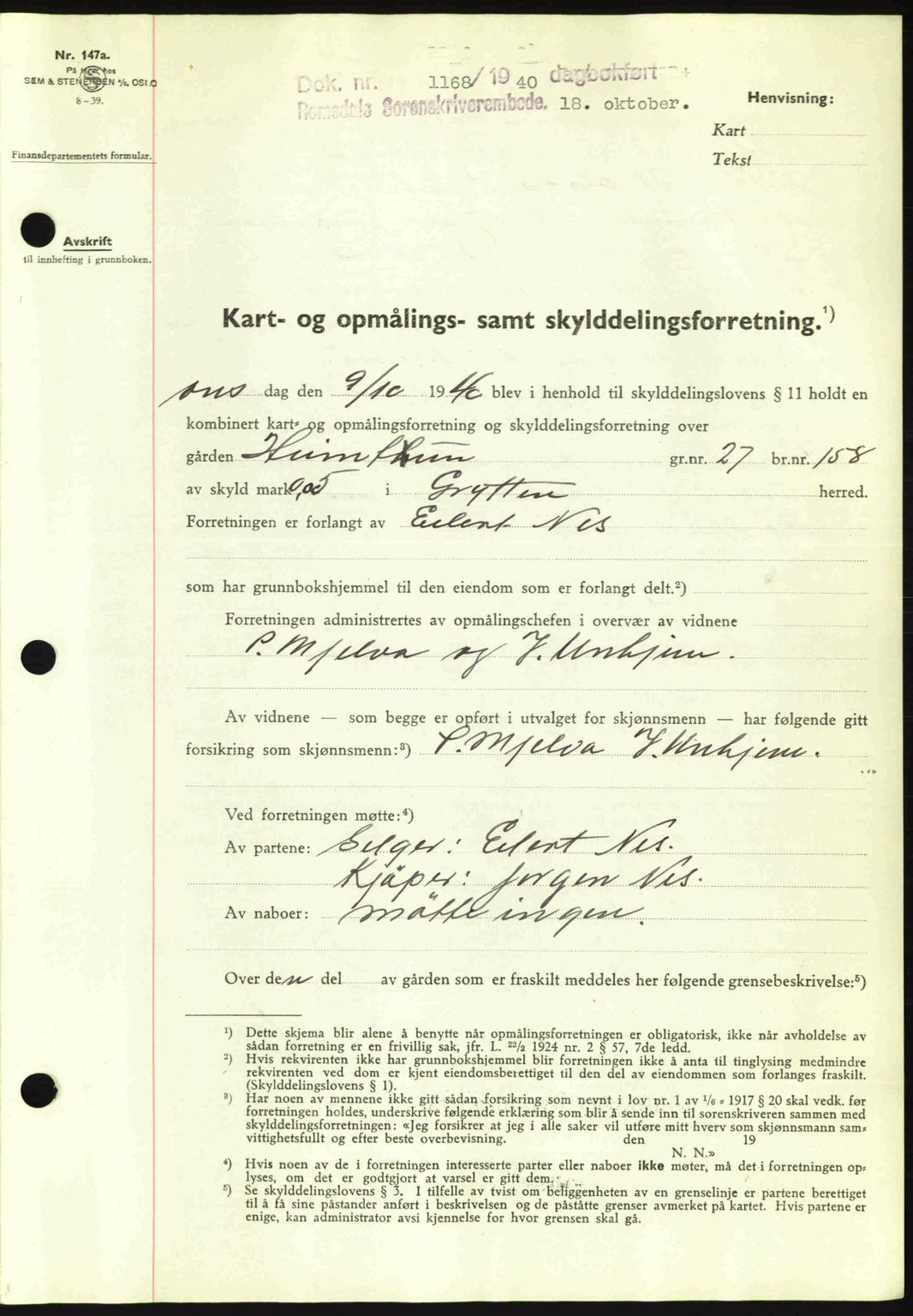 Romsdal sorenskriveri, AV/SAT-A-4149/1/2/2C: Mortgage book no. A8, 1939-1940, Diary no: : 1168/1940