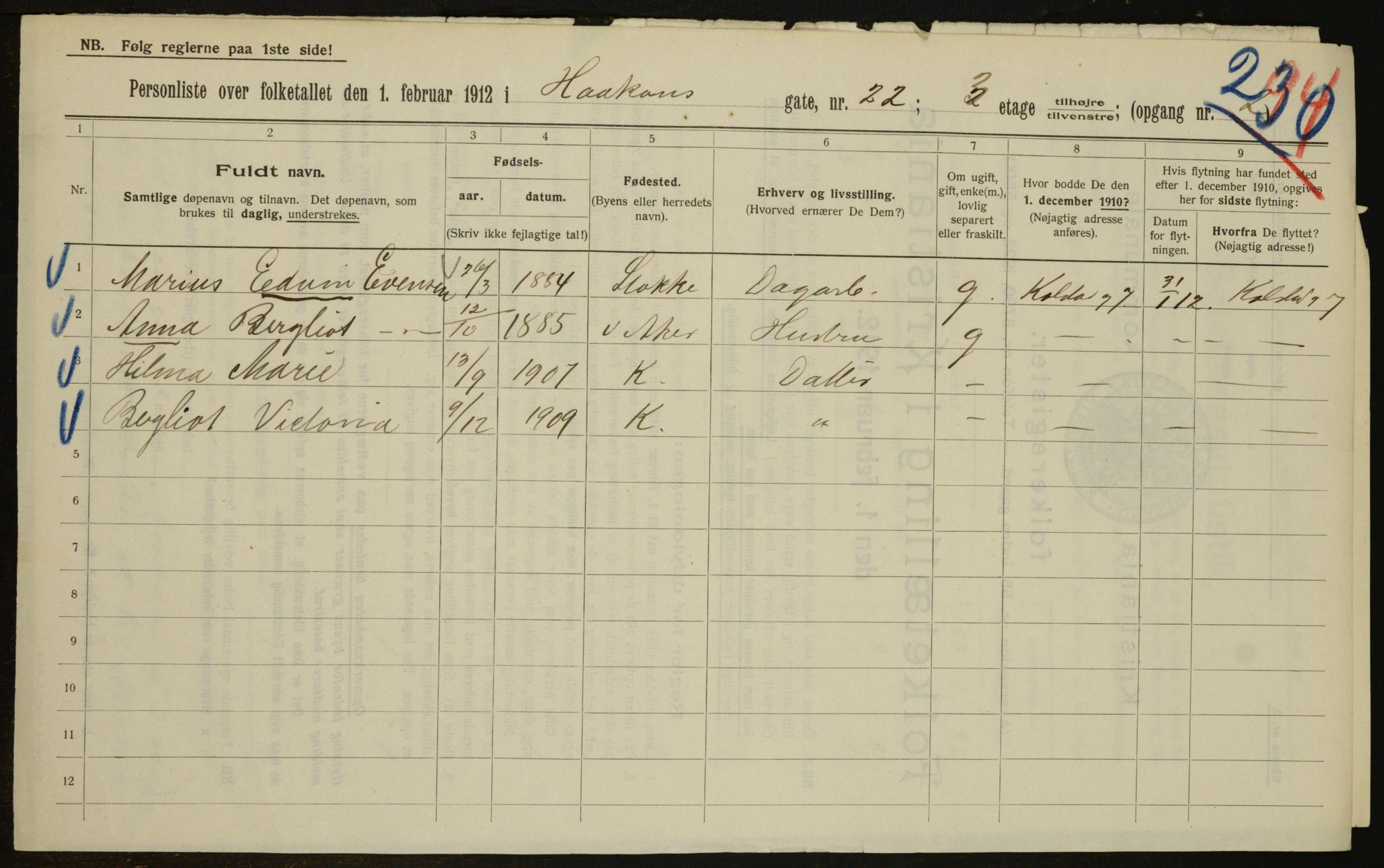 OBA, Municipal Census 1912 for Kristiania, 1912, p. 43527