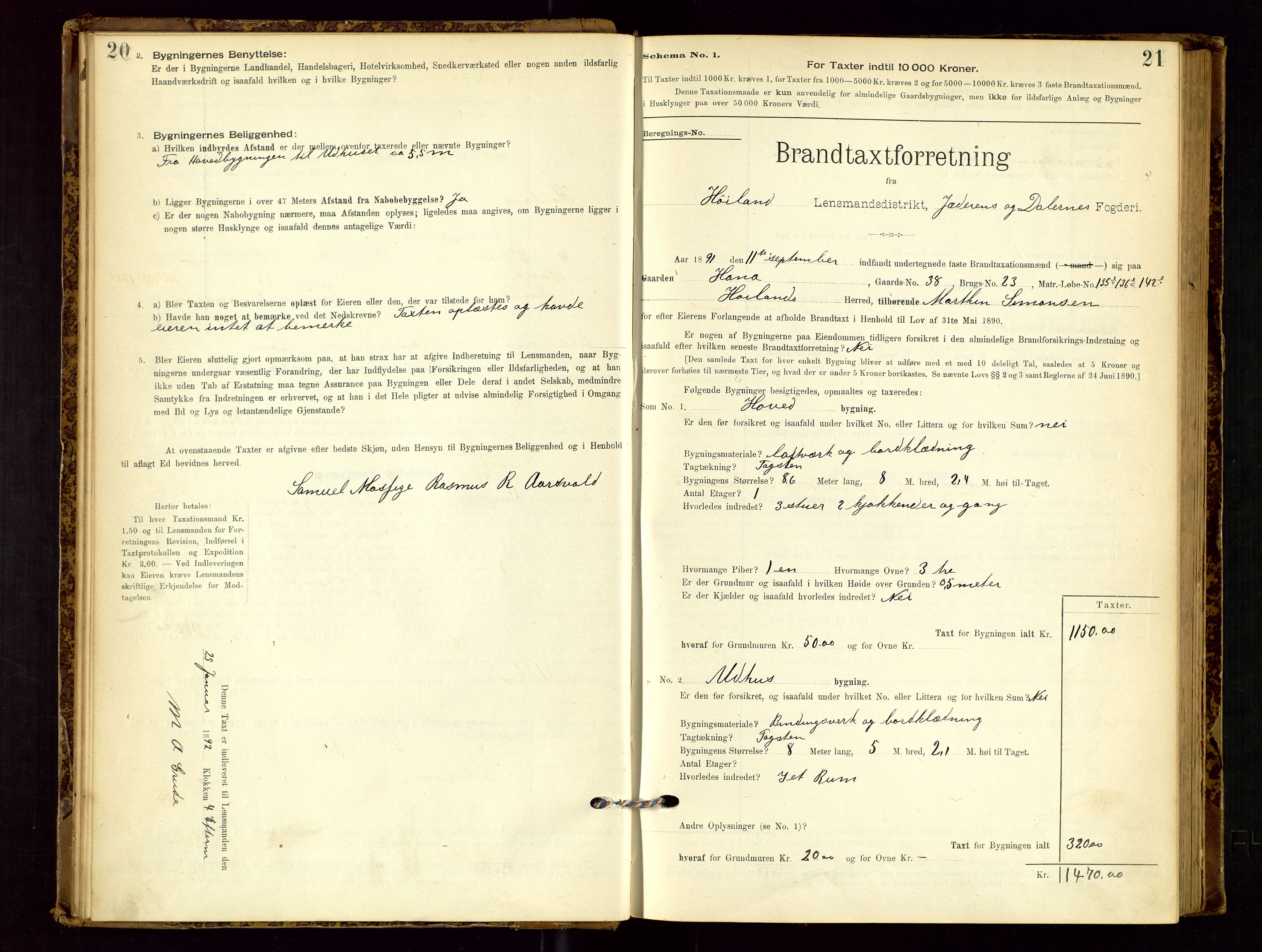 Høyland/Sandnes lensmannskontor, SAST/A-100166/Gob/L0001: "Brandtaxtprotokol", 1890-1913, p. 20-21