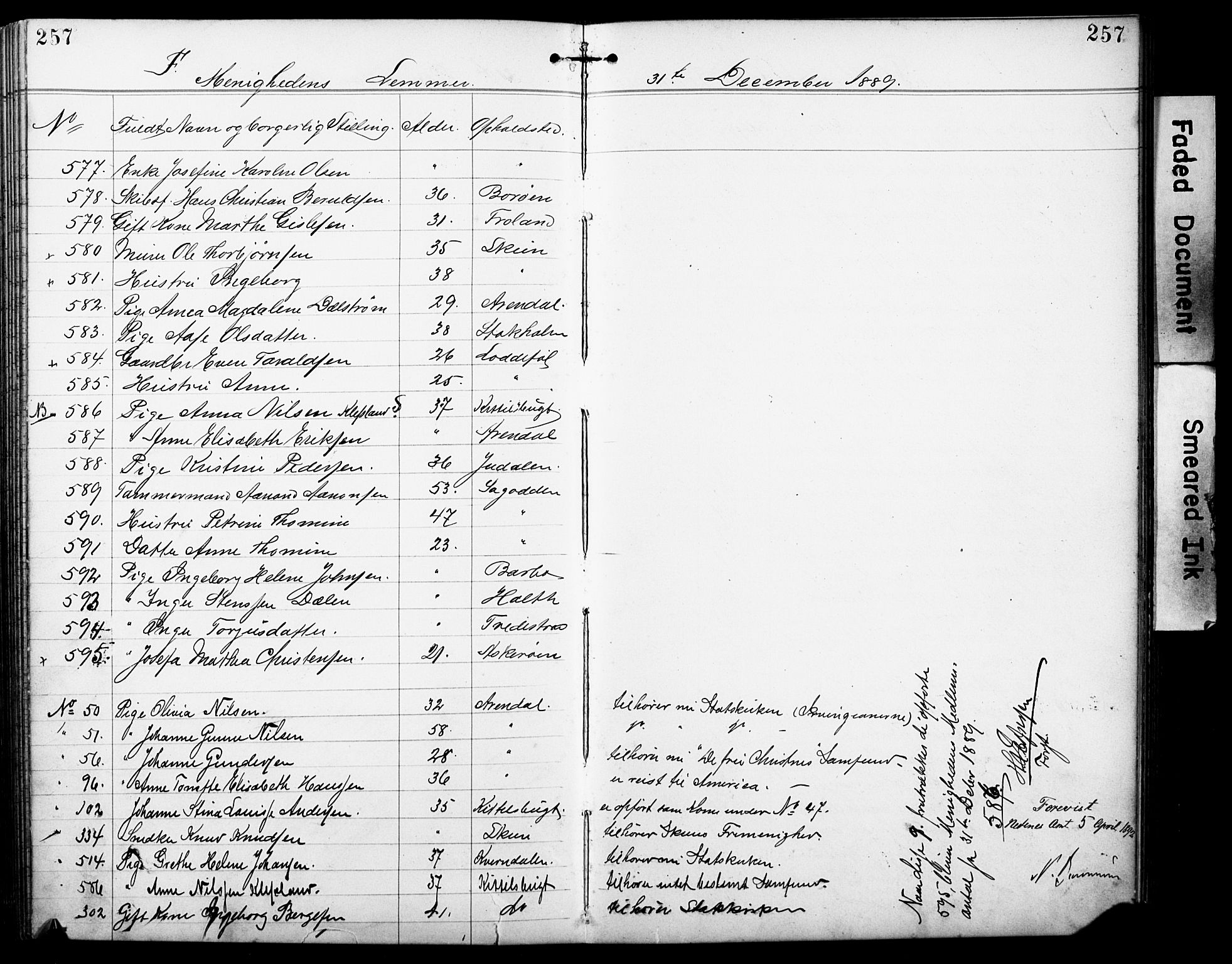 Den evangelisk-lutherske frimenighet, Arendal, AV/SAK-1292-0005/F/Fa/L0002: Dissenter register no. F 6, 1884-1908, p. 257