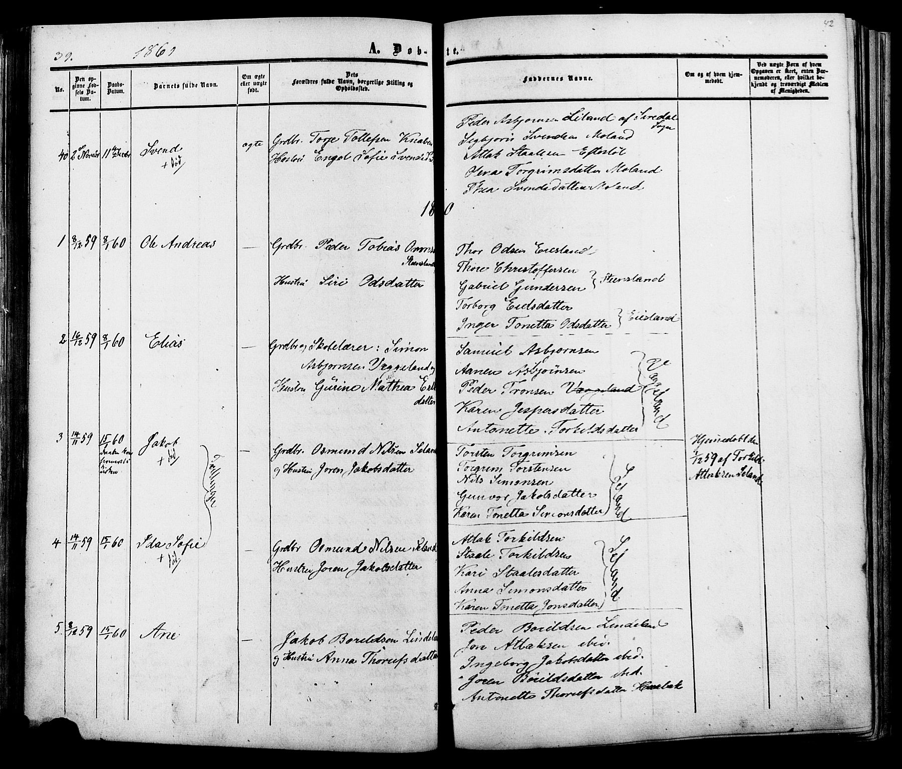 Fjotland sokneprestkontor, SAK/1111-0010/F/Fa/L0001: Parish register (official) no. A 1, 1850-1879, p. 42