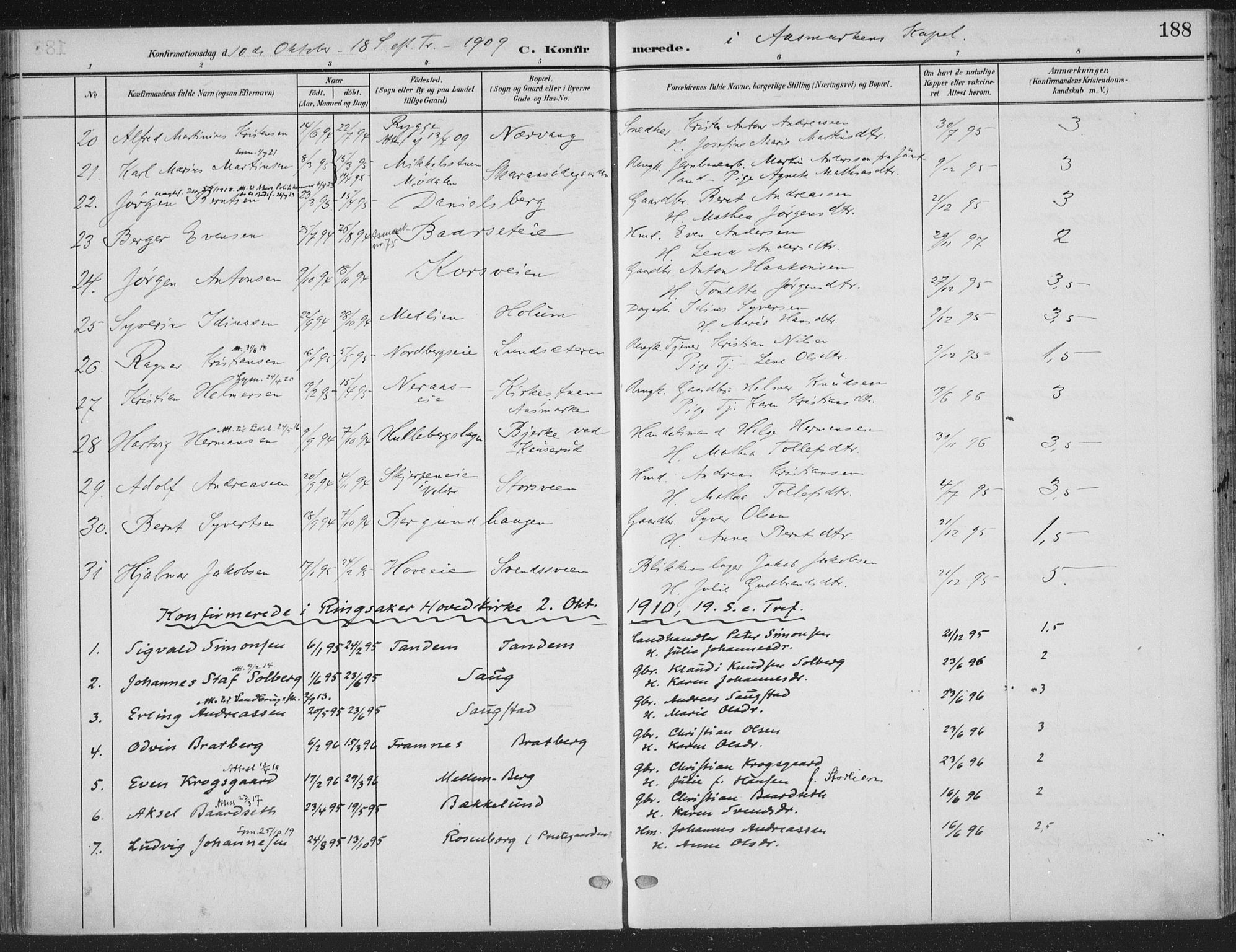 Ringsaker prestekontor, AV/SAH-PREST-014/K/Ka/L0018: Parish register (official) no. 18, 1903-1912, p. 188