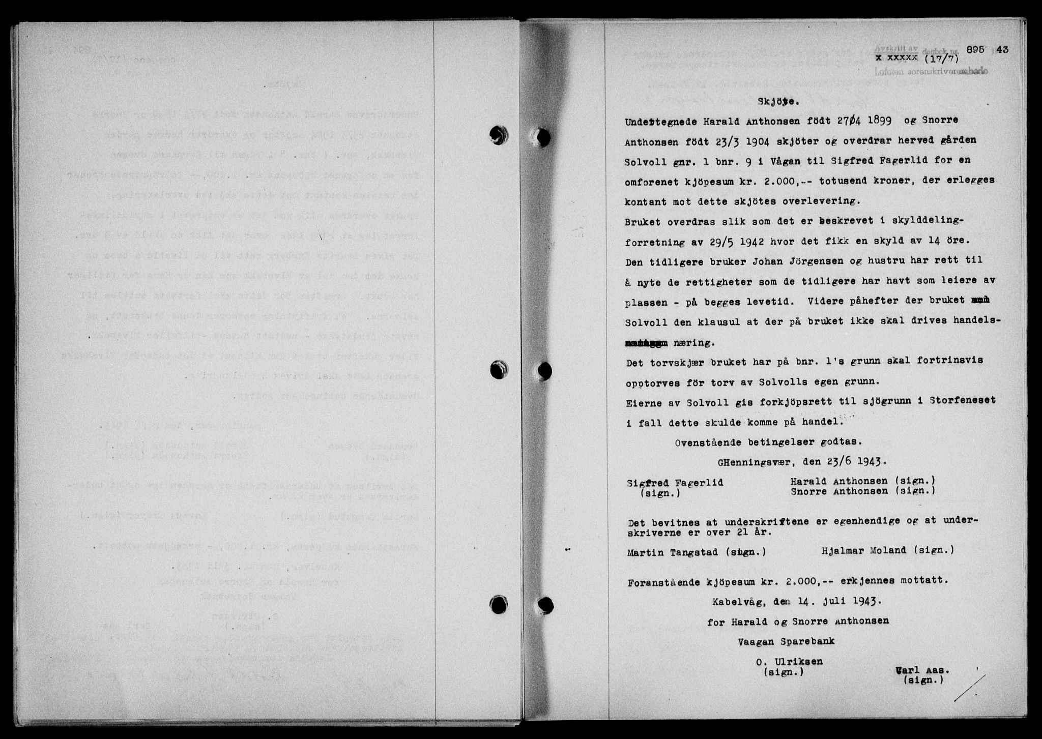 Lofoten sorenskriveri, SAT/A-0017/1/2/2C/L0011a: Mortgage book no. 11a, 1943-1943, Diary no: : 895/1943