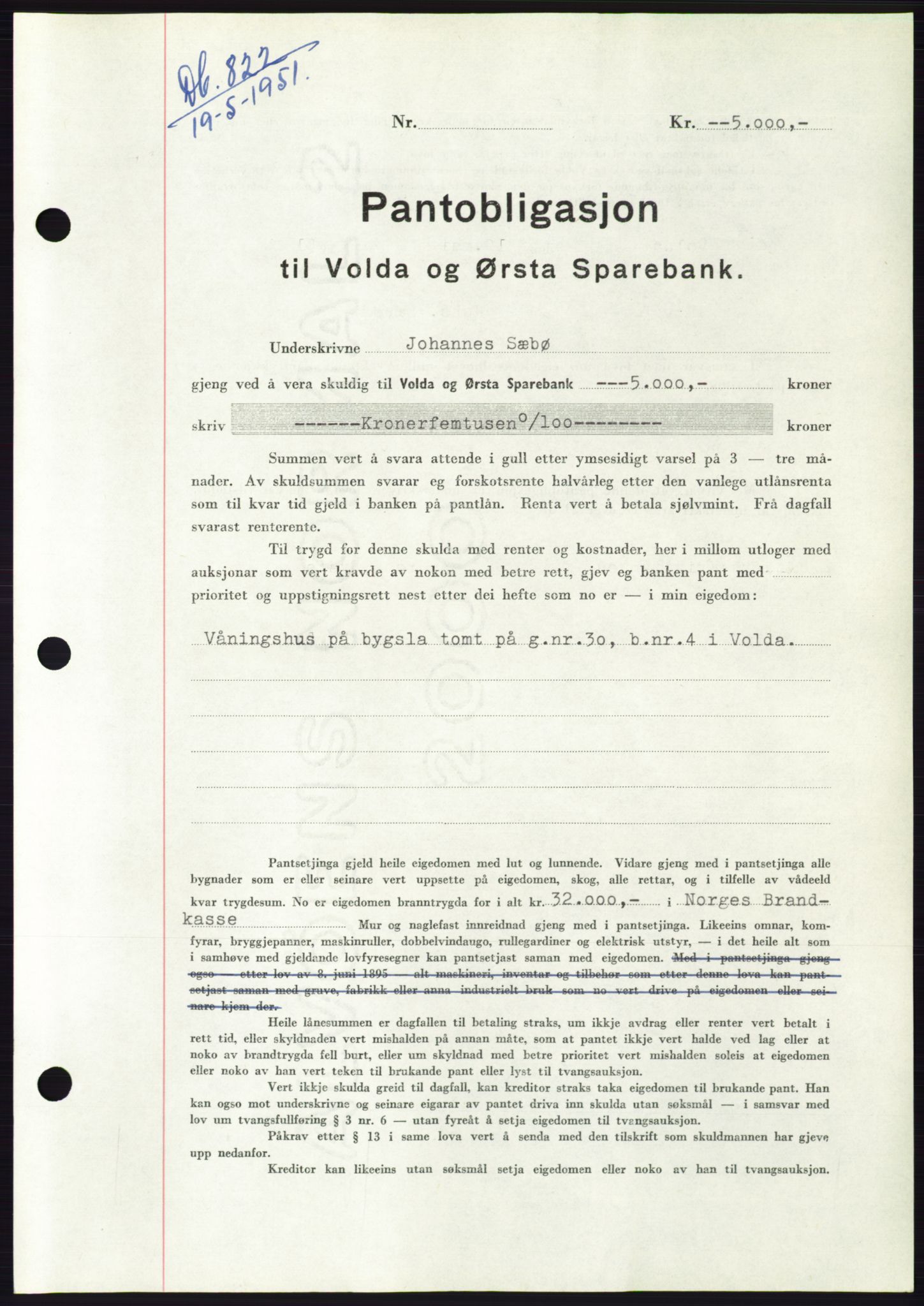 Søre Sunnmøre sorenskriveri, AV/SAT-A-4122/1/2/2C/L0120: Mortgage book no. 8B, 1951-1951, Diary no: : 822/1951