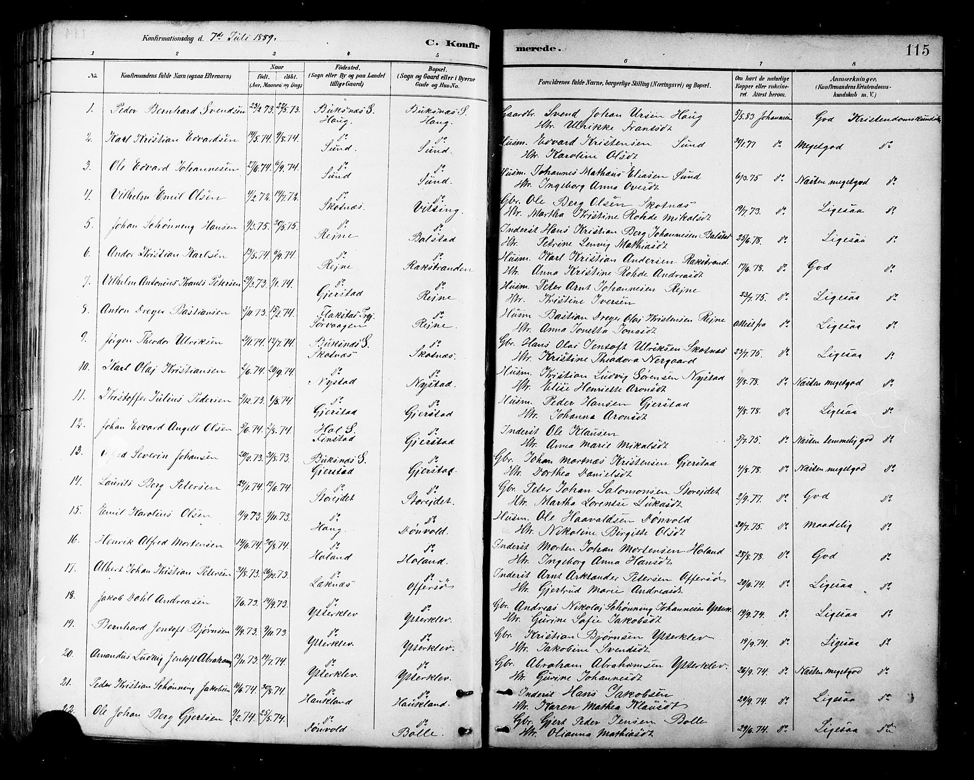 Ministerialprotokoller, klokkerbøker og fødselsregistre - Nordland, SAT/A-1459/881/L1167: Parish register (copy) no. 881C04, 1886-1899, p. 115