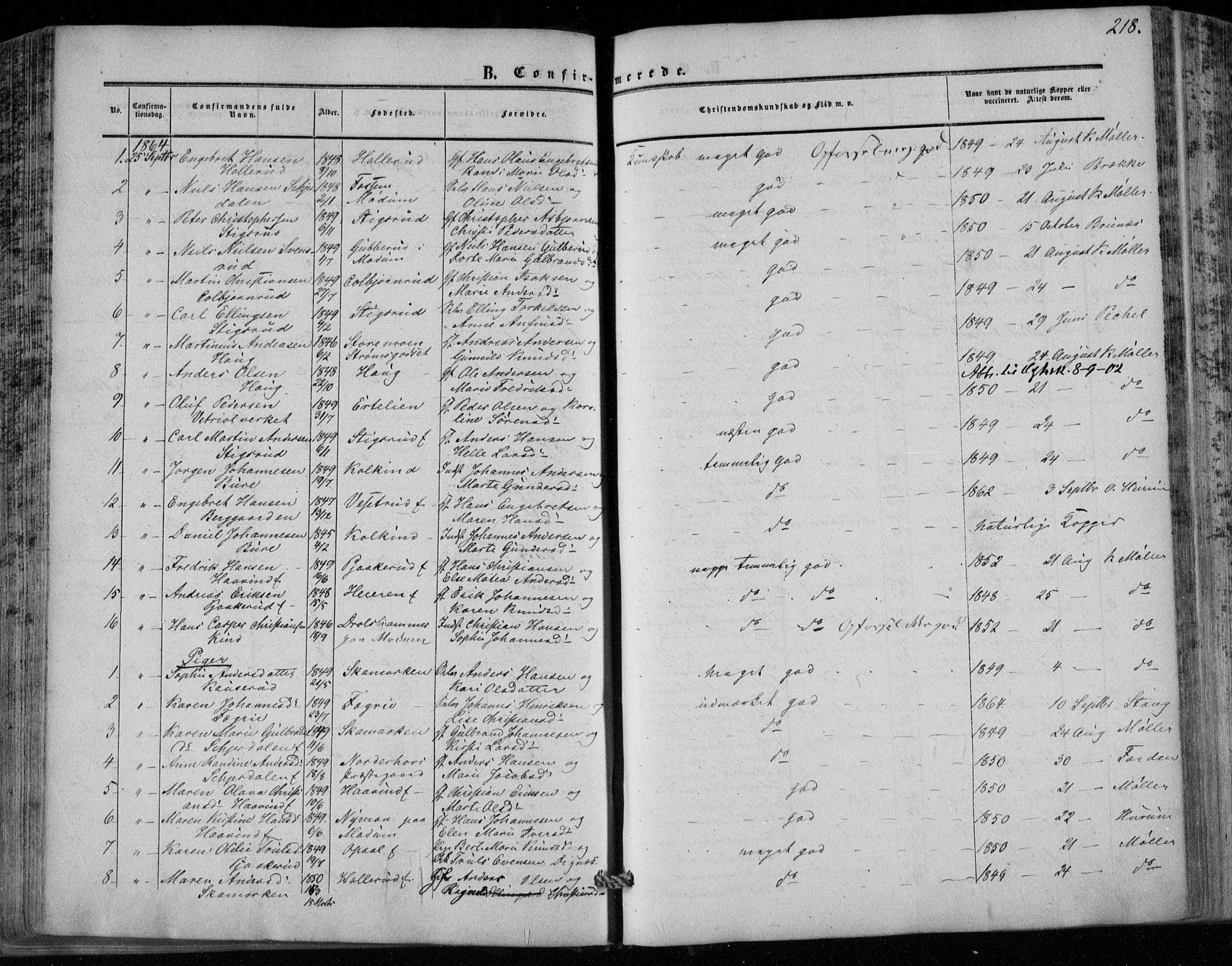 Hole kirkebøker, SAKO/A-228/F/Fa/L0006: Parish register (official) no. I 6, 1852-1872, p. 218