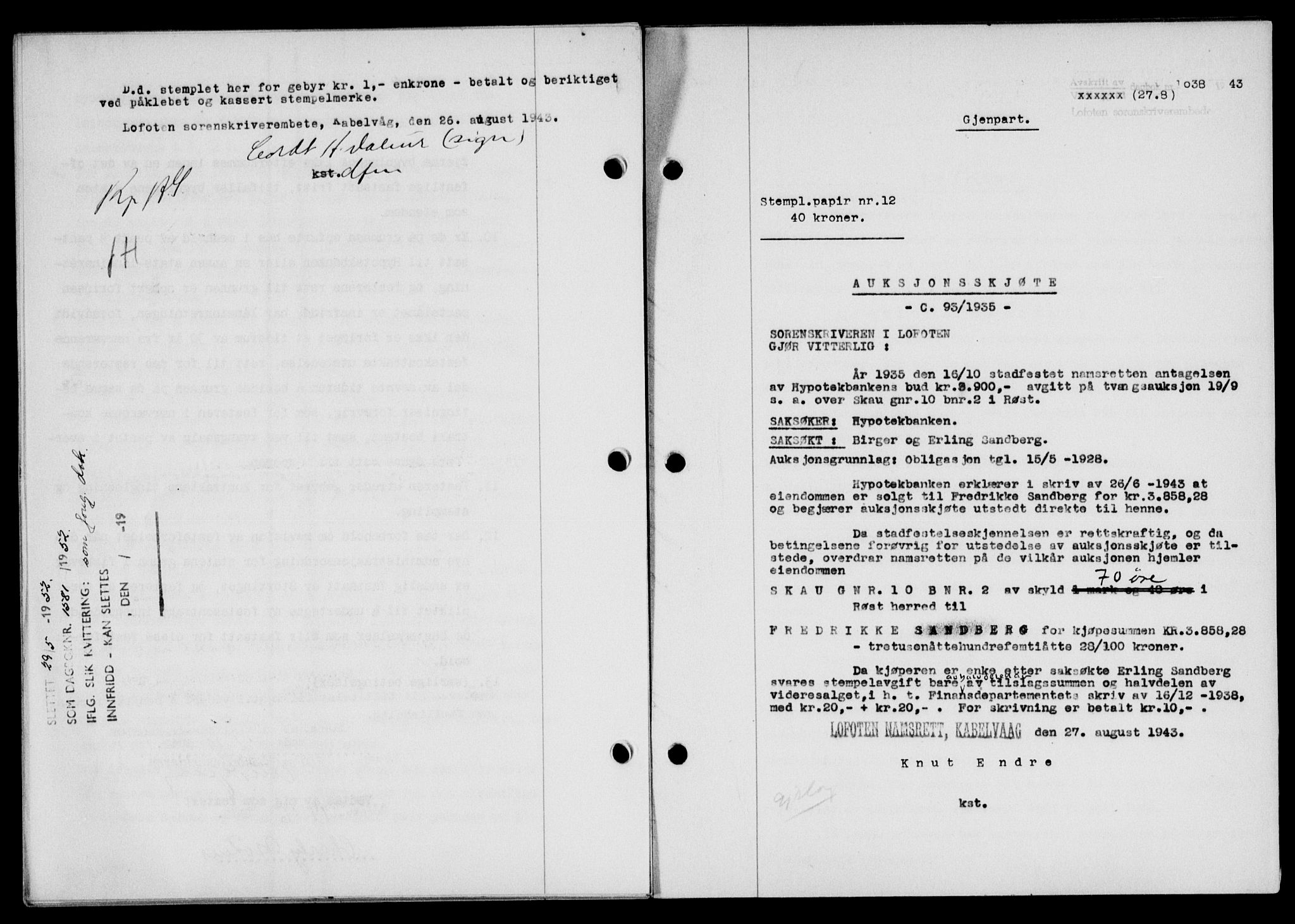 Lofoten sorenskriveri, SAT/A-0017/1/2/2C/L0011a: Mortgage book no. 11a, 1943-1943, Diary no: : 1038/1943