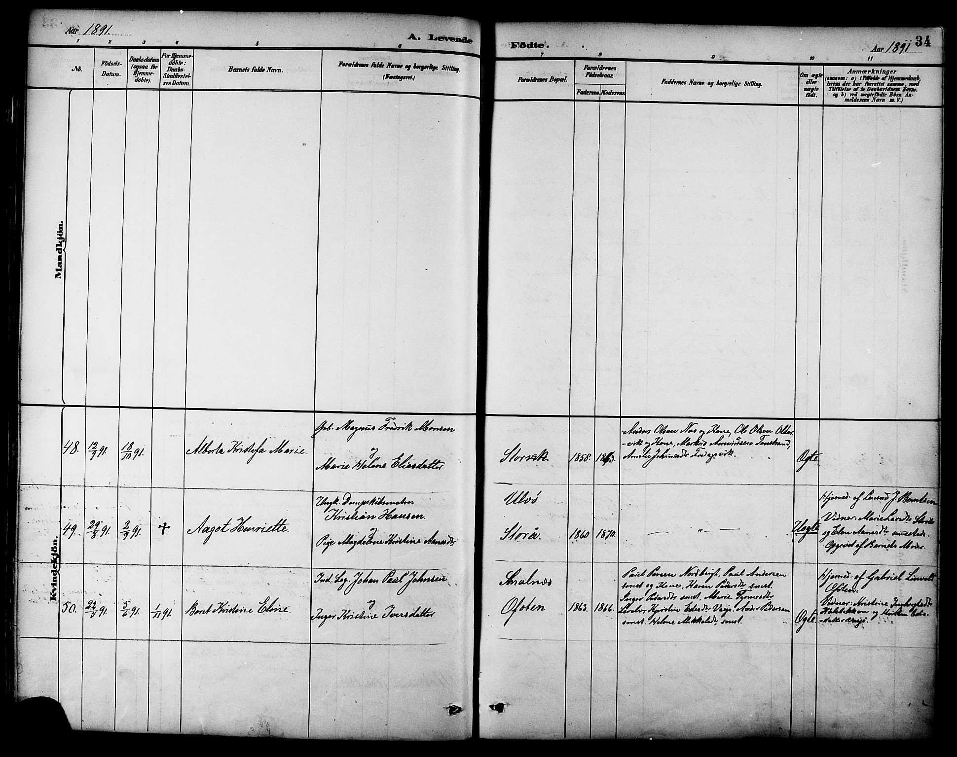 Ministerialprotokoller, klokkerbøker og fødselsregistre - Nordland, AV/SAT-A-1459/861/L0869: Parish register (official) no. 861A04, 1889-1903, p. 34