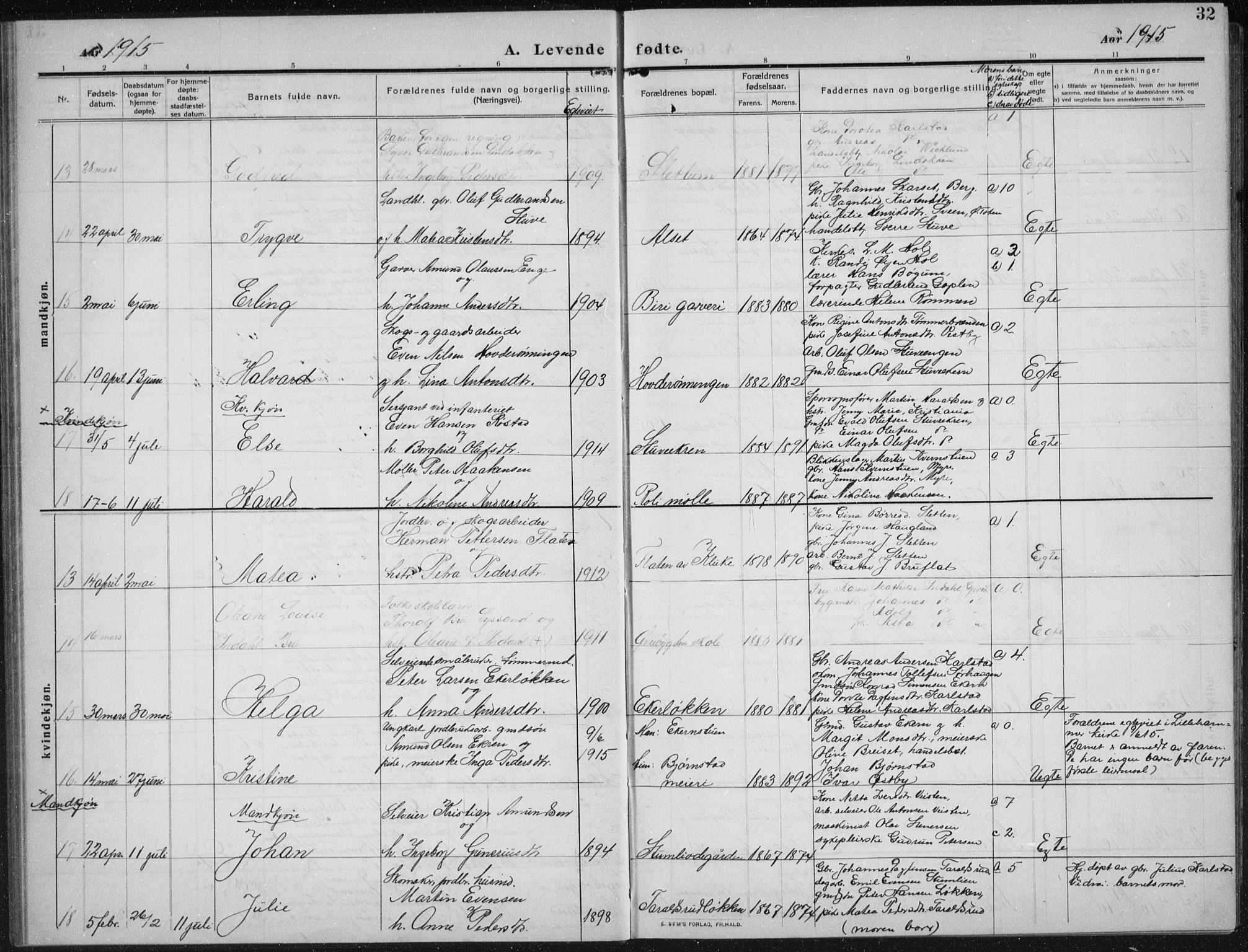 Biri prestekontor, AV/SAH-PREST-096/H/Ha/Hab/L0006: Parish register (copy) no. 6, 1909-1938, p. 32