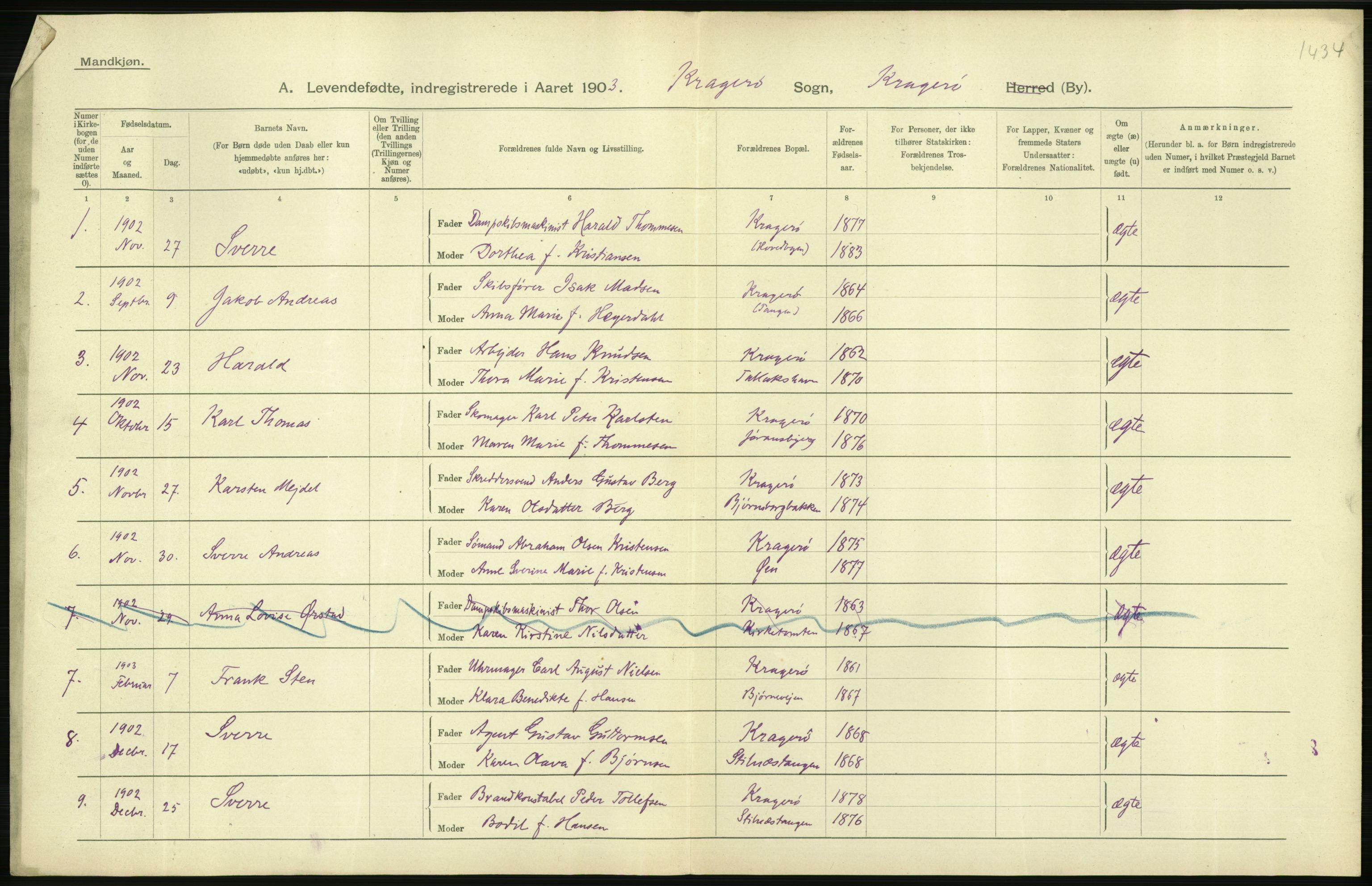 Statistisk sentralbyrå, Sosiodemografiske emner, Befolkning, AV/RA-S-2228/D/Df/Dfa/Dfaa/L0009: Bratsberg amt: Fødte, gifte, døde, 1903, p. 352