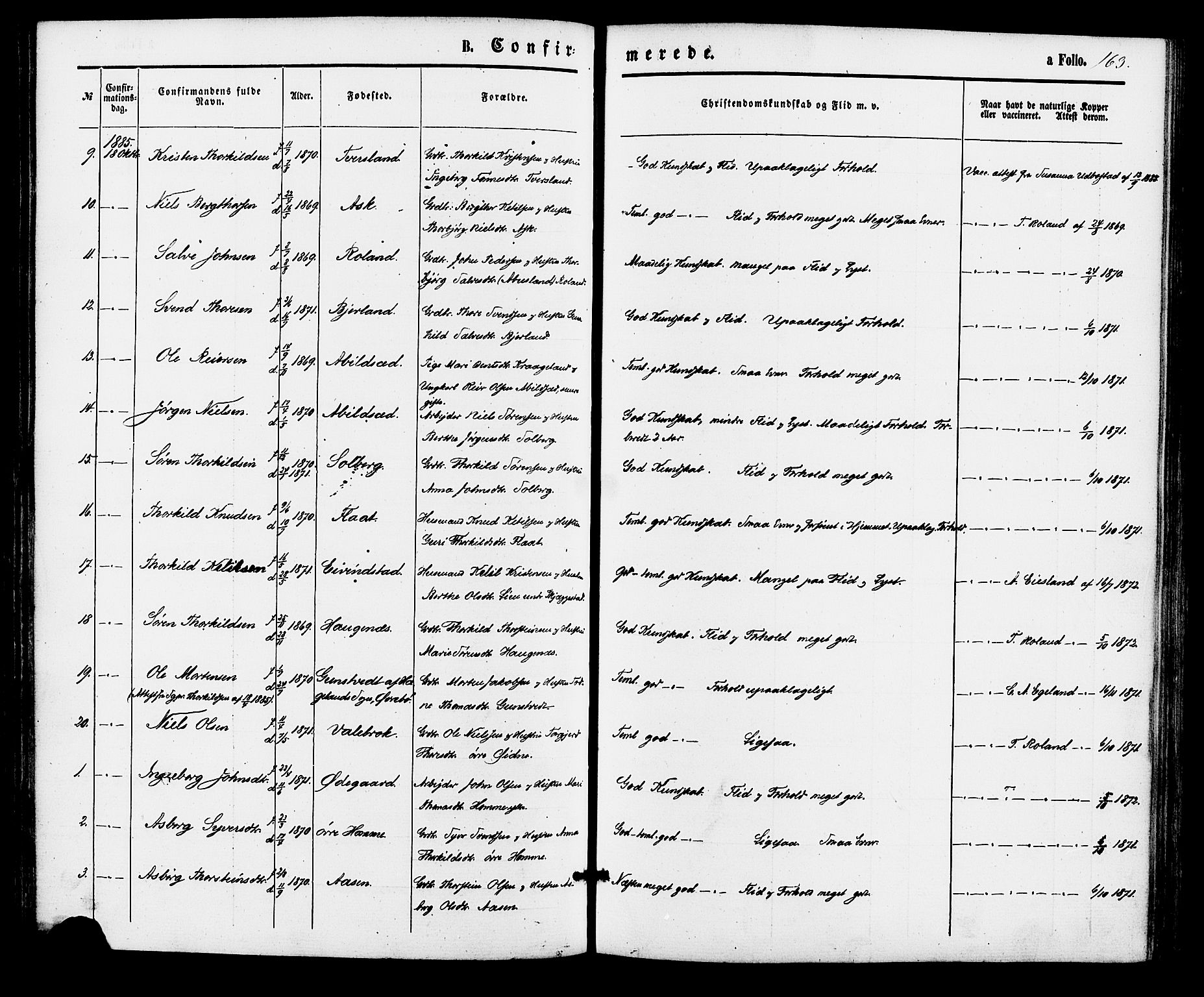 Bjelland sokneprestkontor, AV/SAK-1111-0005/F/Fa/Faa/L0003: Parish register (official) no. A 3, 1867-1887, p. 163