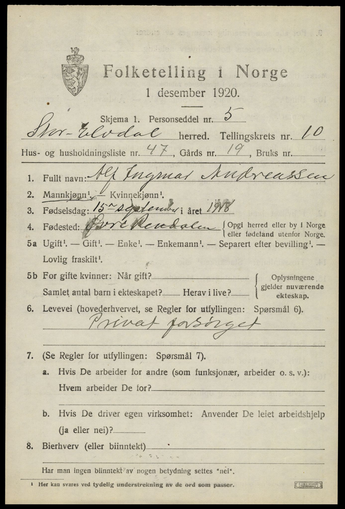 SAH, 1920 census for Stor-Elvdal, 1920, p. 9670