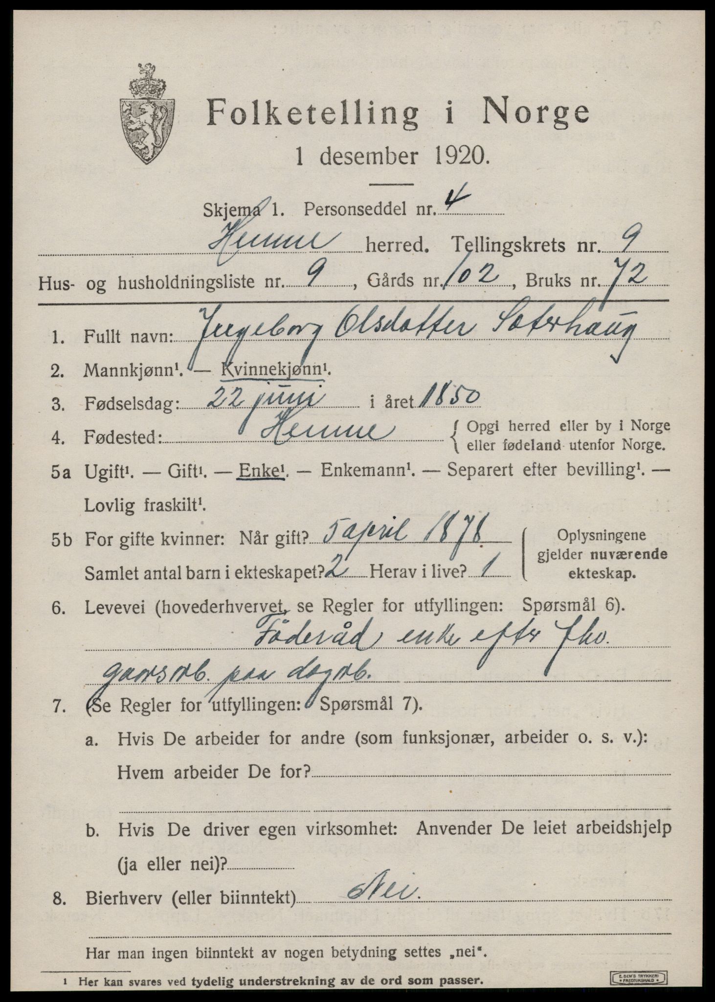 SAT, 1920 census for Hemne, 1920, p. 5496