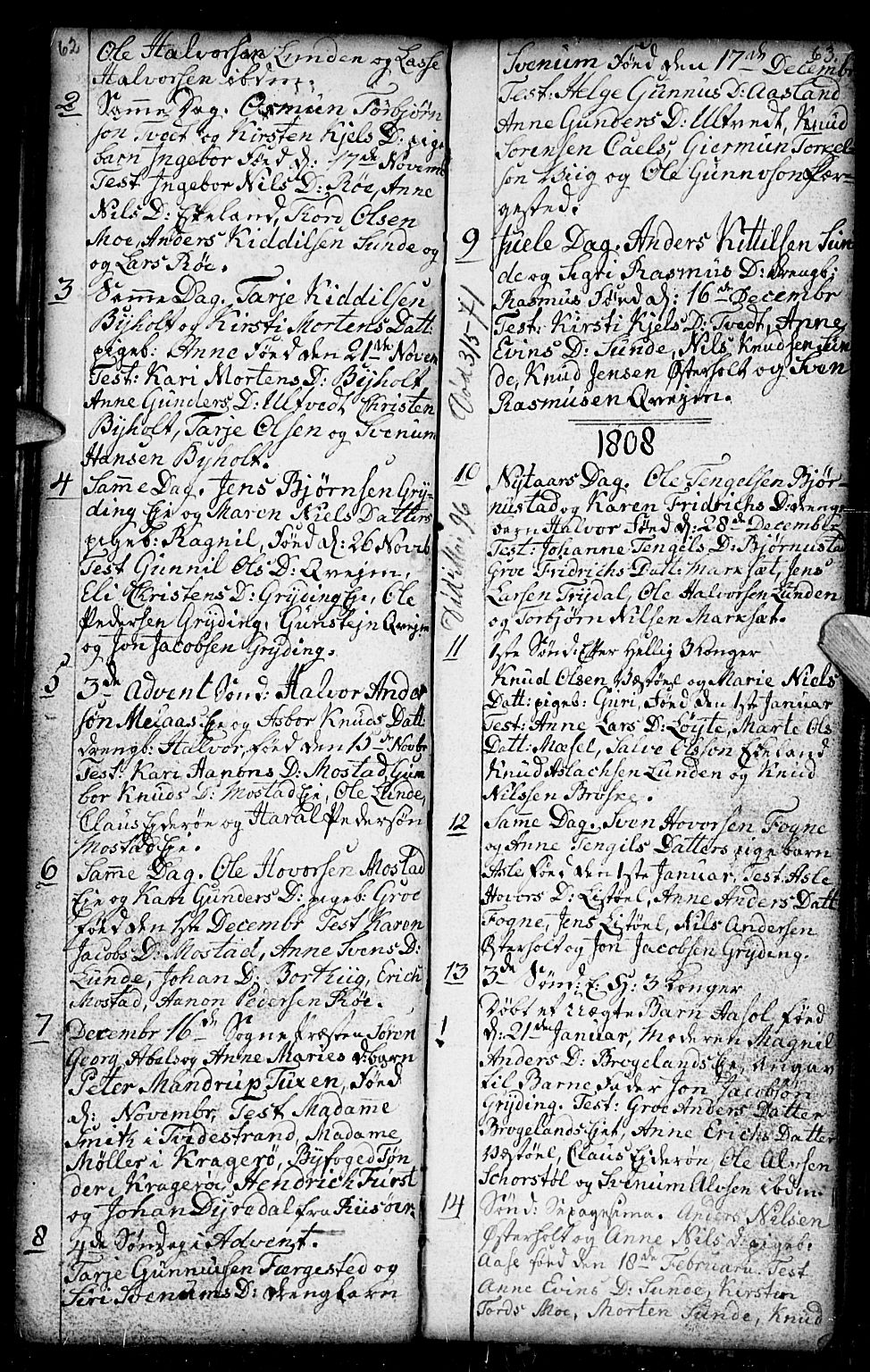 Gjerstad sokneprestkontor, SAK/1111-0014/F/Fb/Fba/L0001: Parish register (copy) no. B 1, 1797-1816, p. 62-63