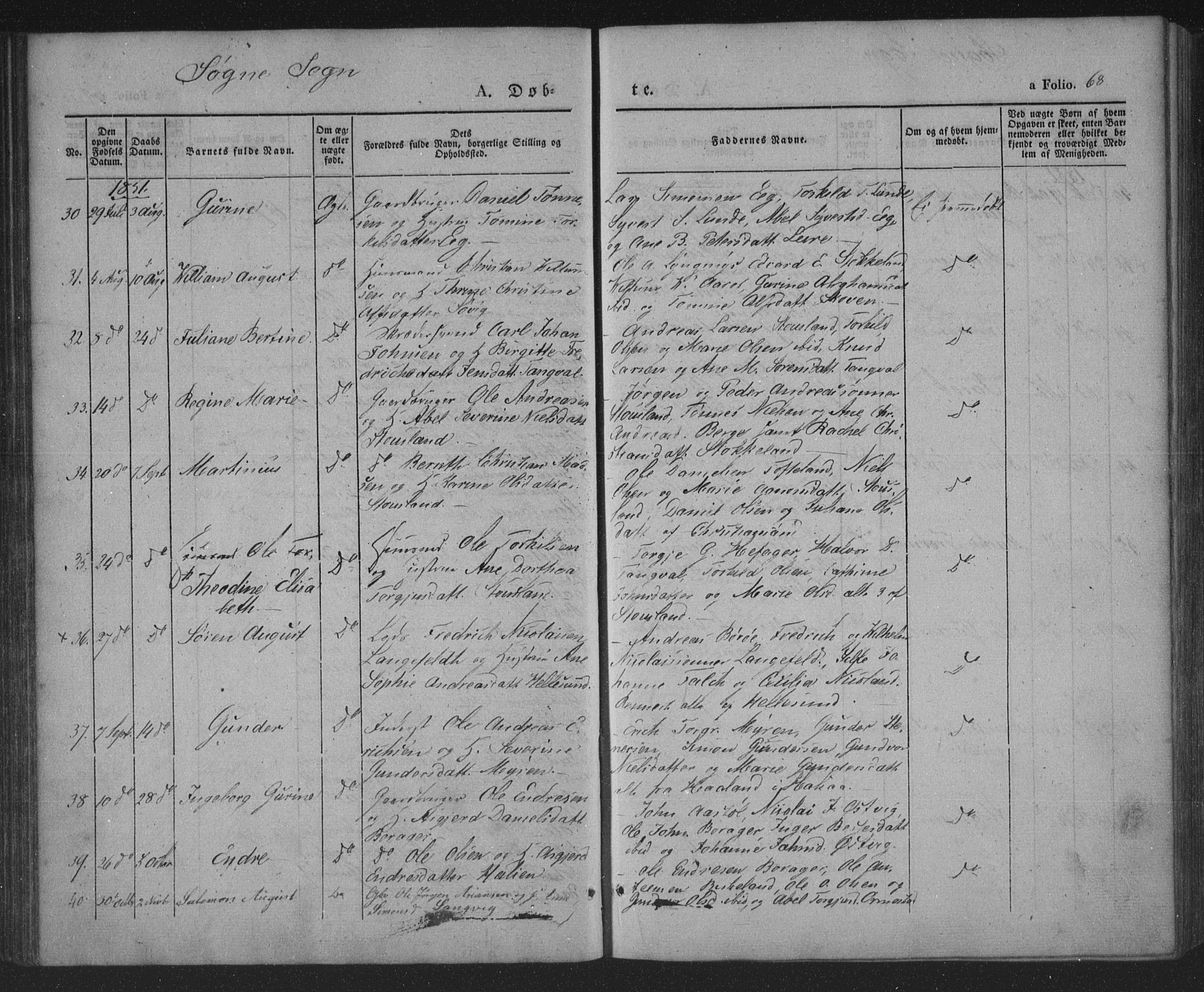 Søgne sokneprestkontor, AV/SAK-1111-0037/F/Fa/Fab/L0009: Parish register (official) no. A 9, 1838-1853, p. 68