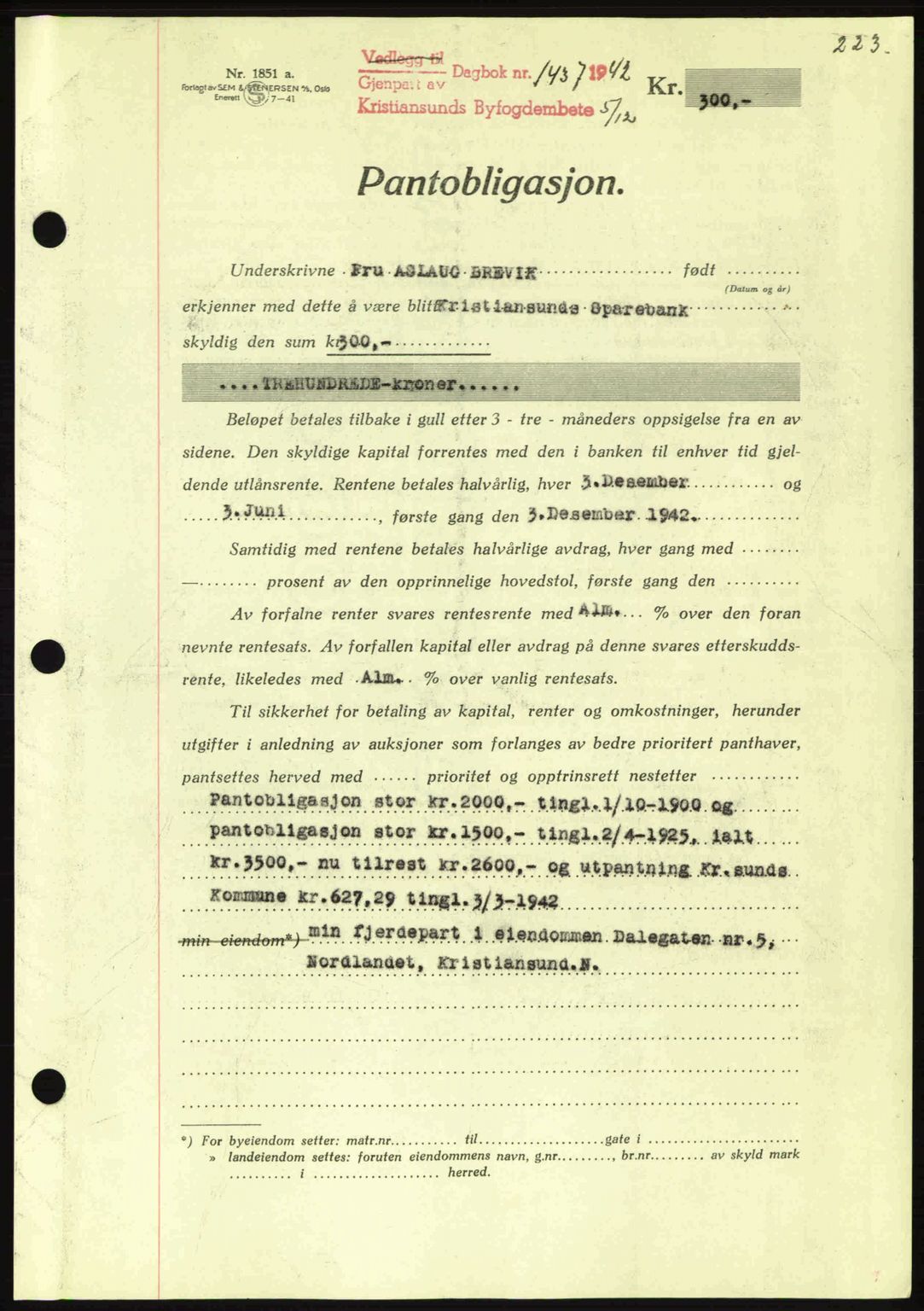 Kristiansund byfogd, SAT/A-4587/A/27: Mortgage book no. 36, 1942-1943, Diary no: : 1437/1942