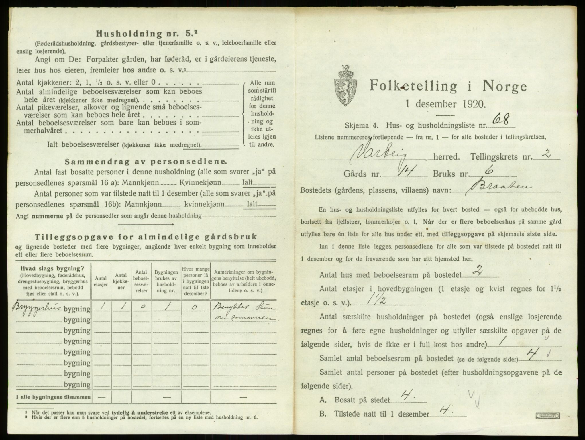 SAO, 1920 census for Varteig, 1920, p. 278