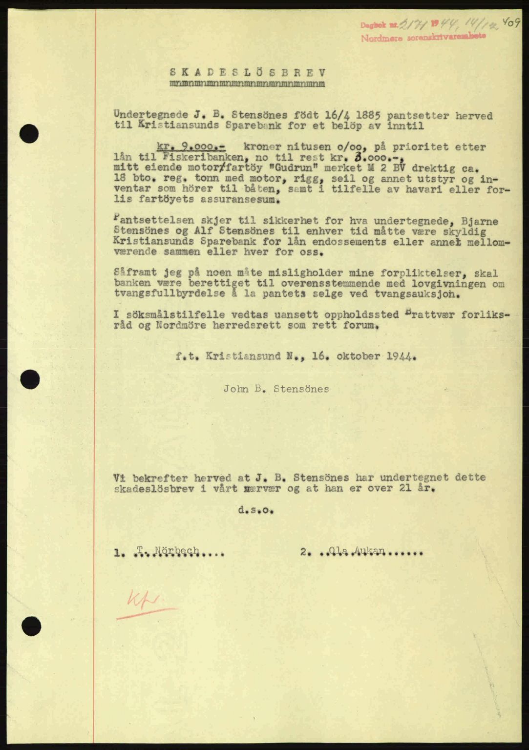 Nordmøre sorenskriveri, AV/SAT-A-4132/1/2/2Ca: Mortgage book no. B92, 1944-1945, Diary no: : 2166/1944