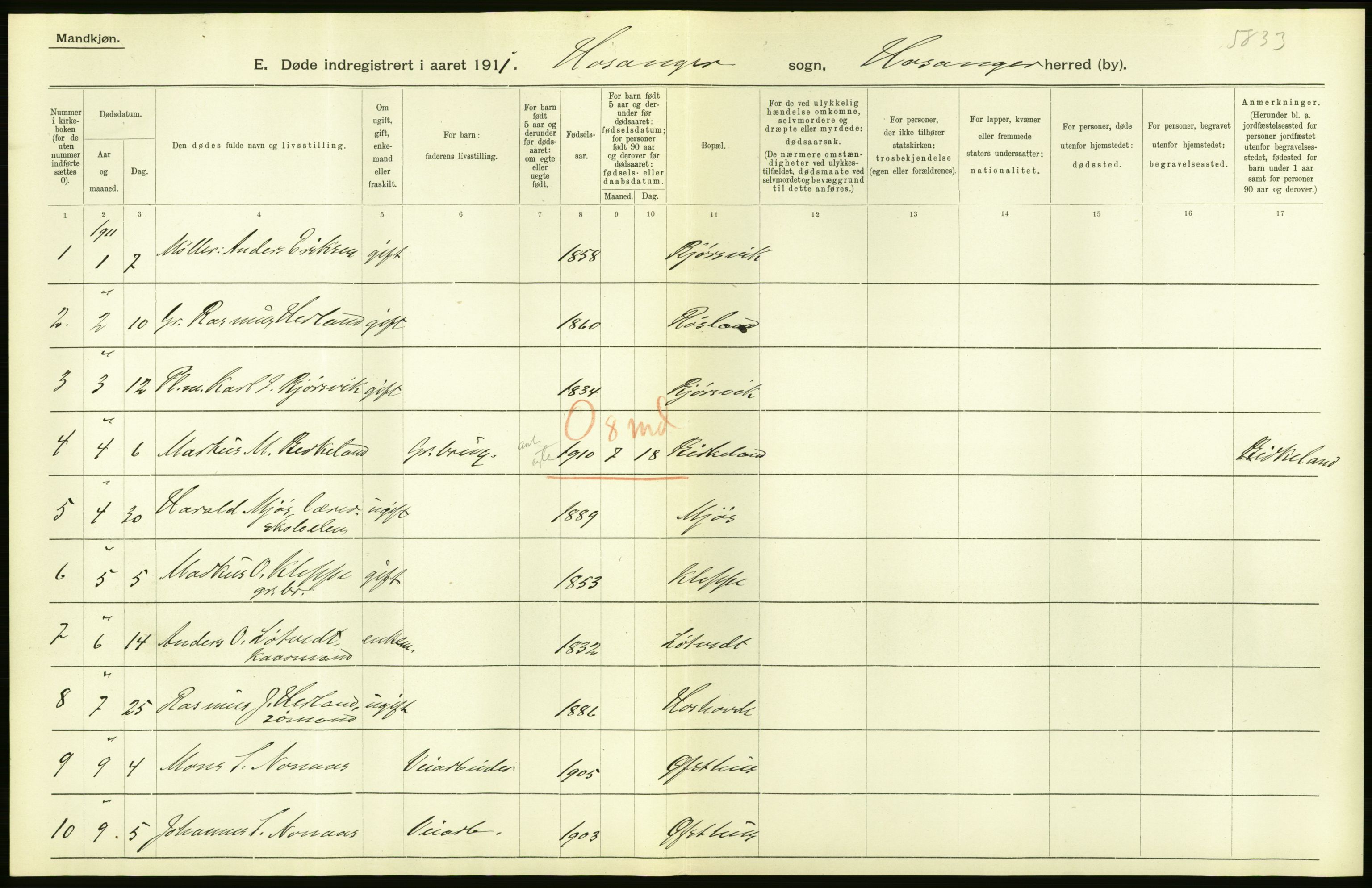 Statistisk sentralbyrå, Sosiodemografiske emner, Befolkning, AV/RA-S-2228/D/Df/Dfb/Dfba/L0030: S. Bergenhus amt: Døde. Bygder., 1911, p. 10