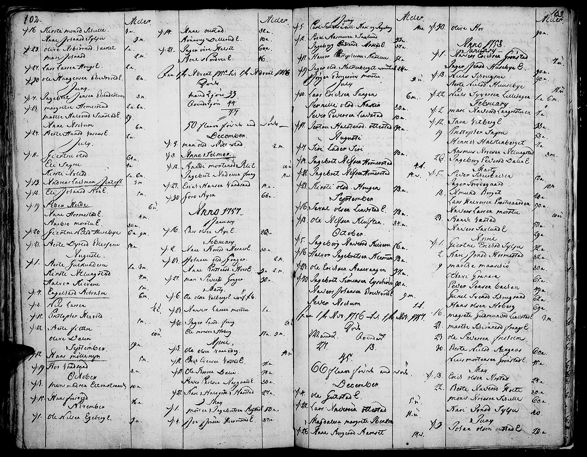 Stange prestekontor, SAH/PREST-002/K/L0005: Parish register (official) no. 5, 1754-1762, p. 102-103