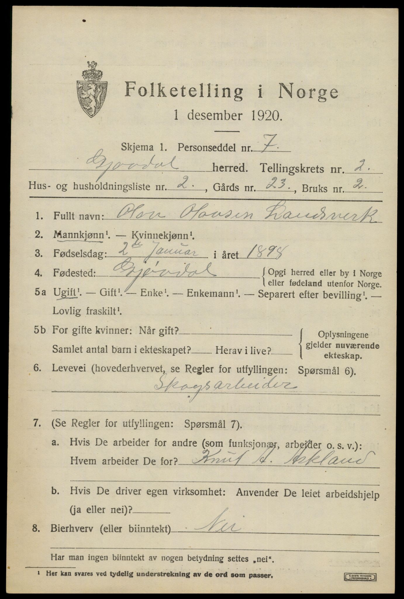 SAK, 1920 census for Gjøvdal, 1920, p. 850