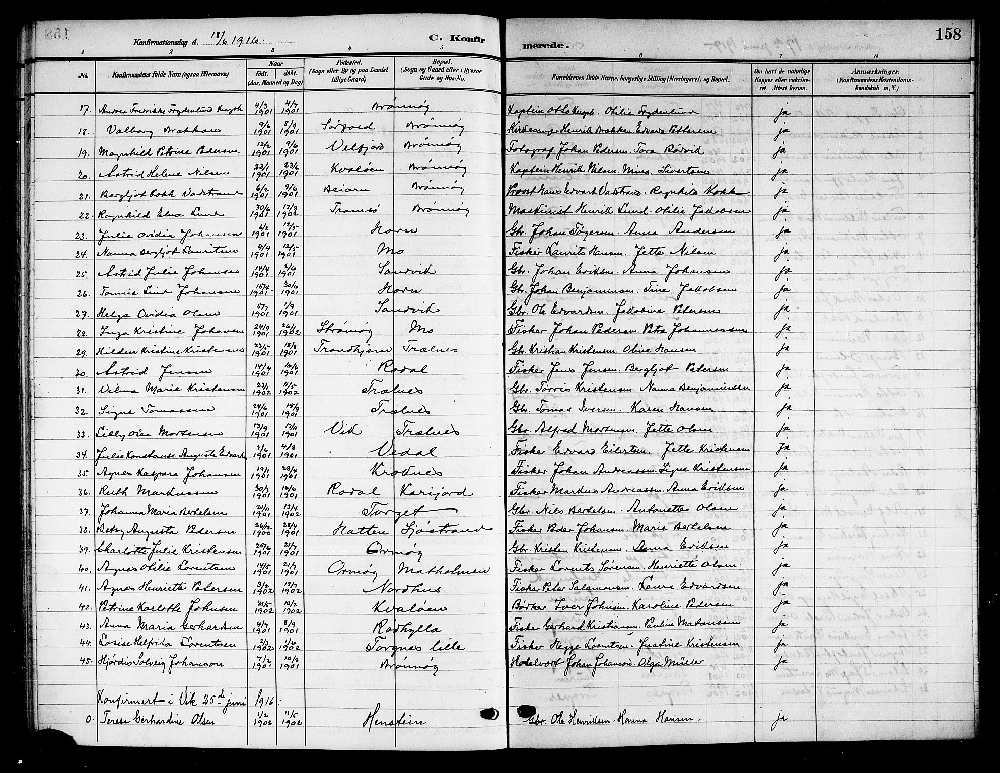 Ministerialprotokoller, klokkerbøker og fødselsregistre - Nordland, SAT/A-1459/813/L0214: Parish register (copy) no. 813C06, 1904-1917, p. 158