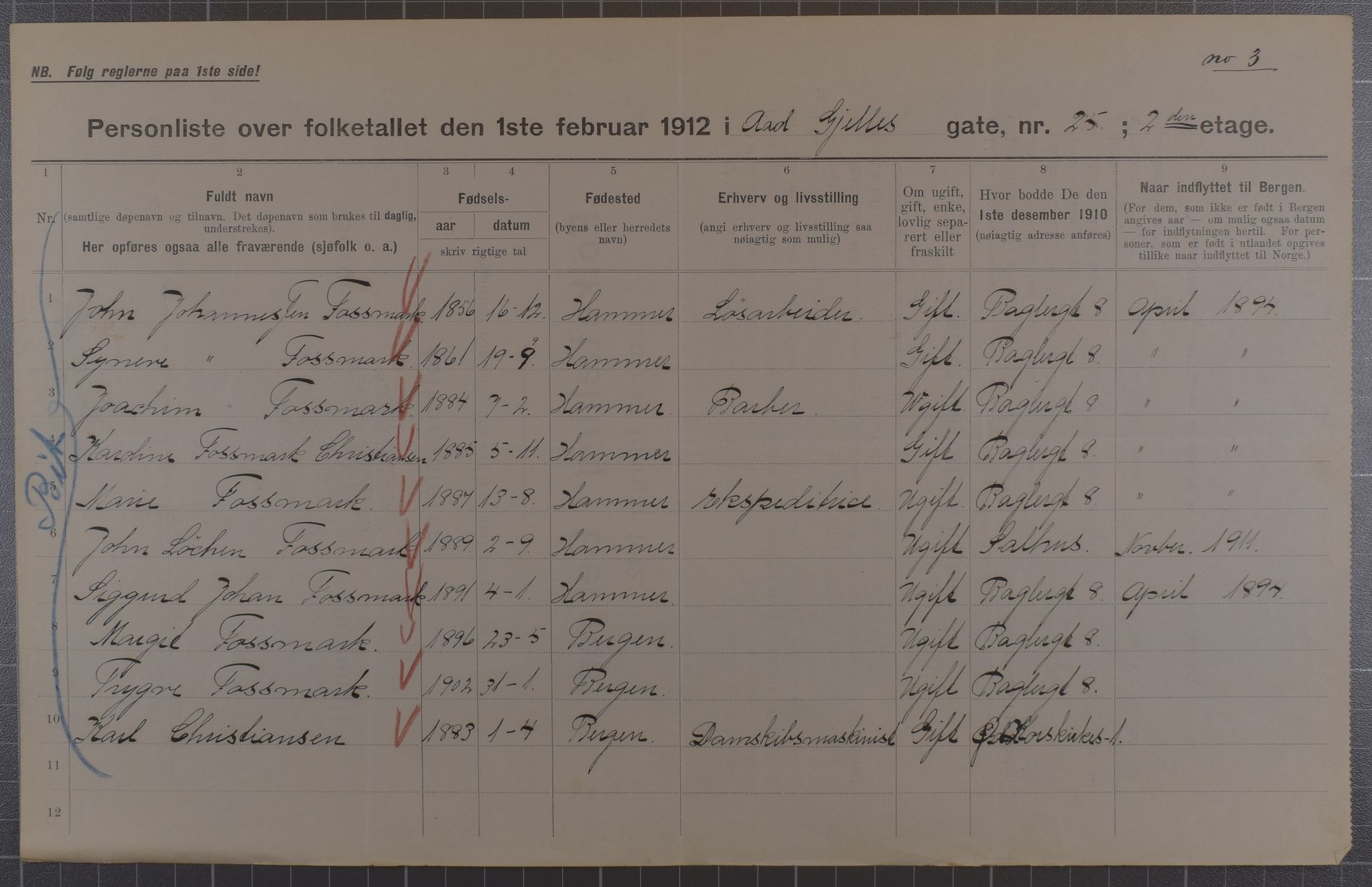 SAB, Municipal Census 1912 for Bergen, 1912, p. 176