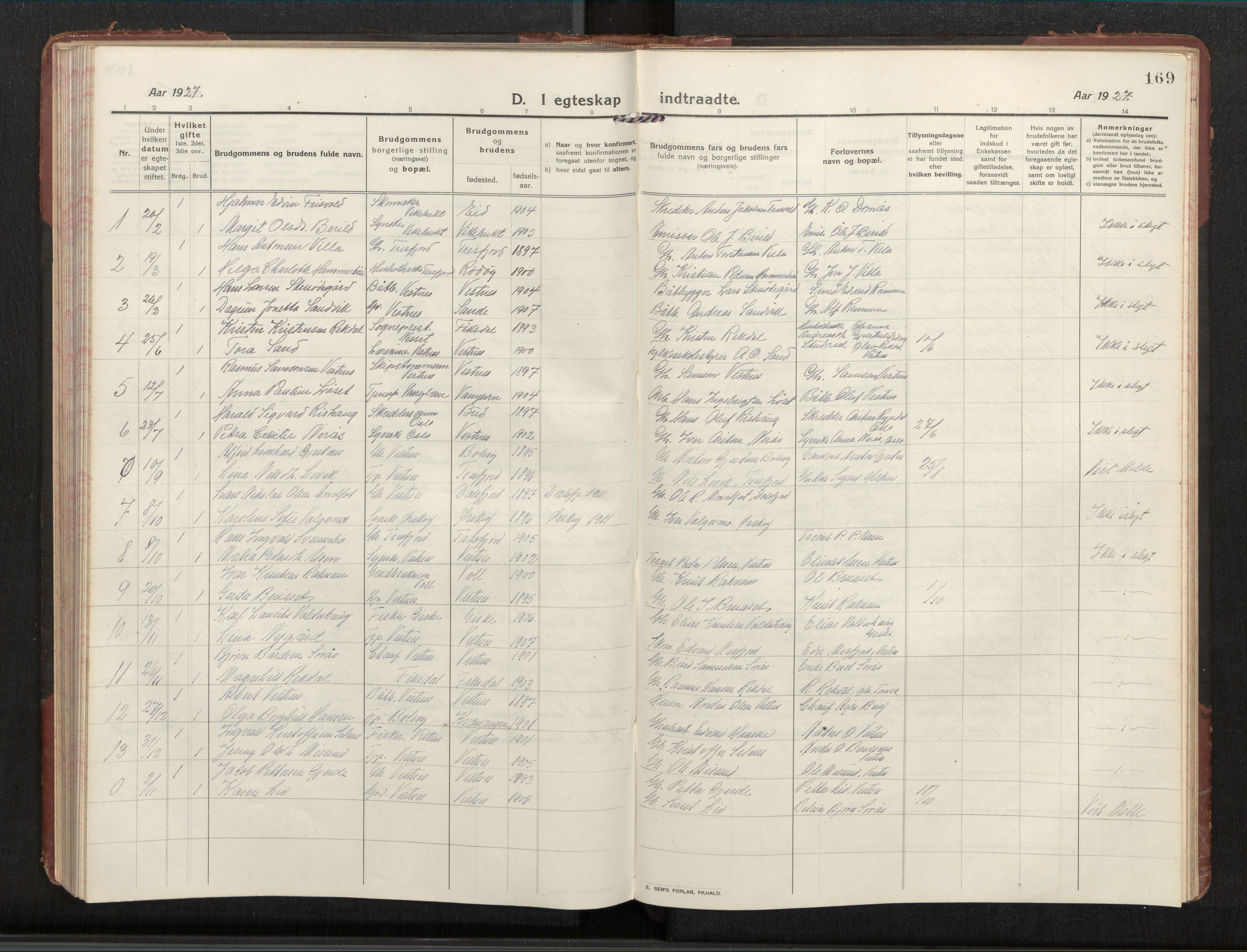 Ministerialprotokoller, klokkerbøker og fødselsregistre - Møre og Romsdal, SAT/A-1454/539/L0536a: Parish register (copy) no. 539C03, 1912-1936, p. 169