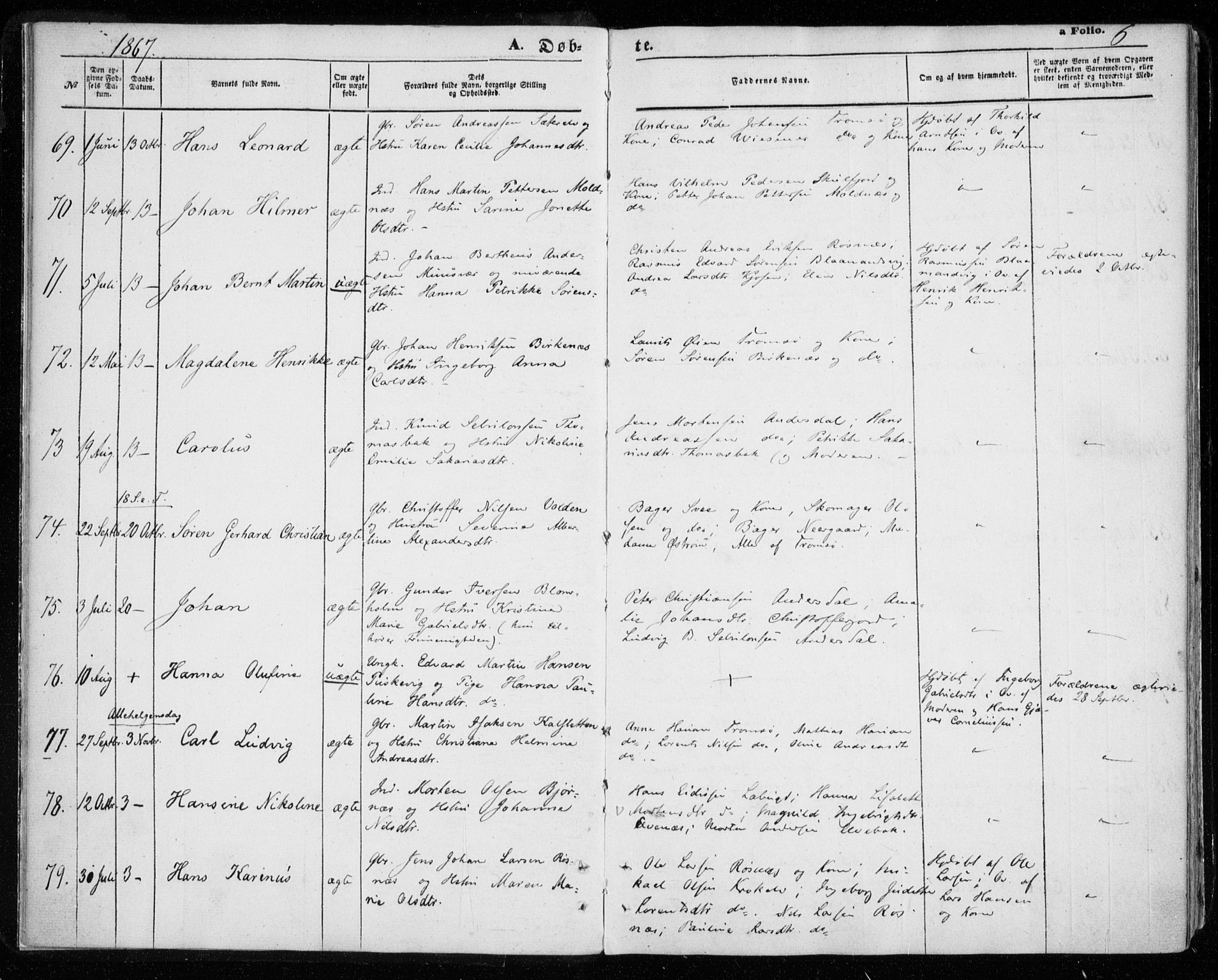 Tromsøysund sokneprestkontor, AV/SATØ-S-1304/G/Ga/L0002kirke: Parish register (official) no. 2, 1867-1875, p. 6