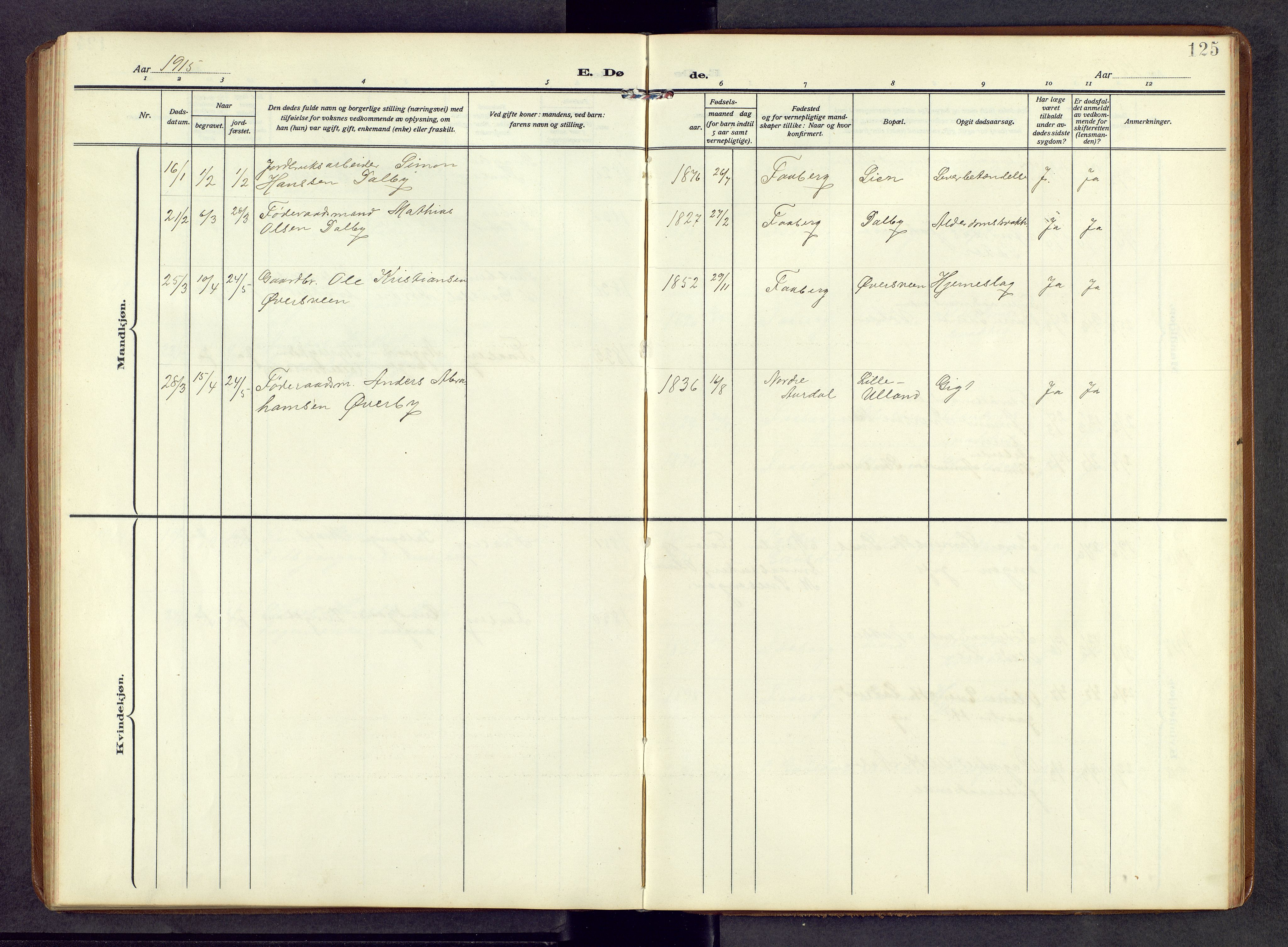 Fåberg prestekontor, SAH/PREST-086/H/Ha/Hab/L0013: Parish register (copy) no. 13, 1909-1971, p. 125