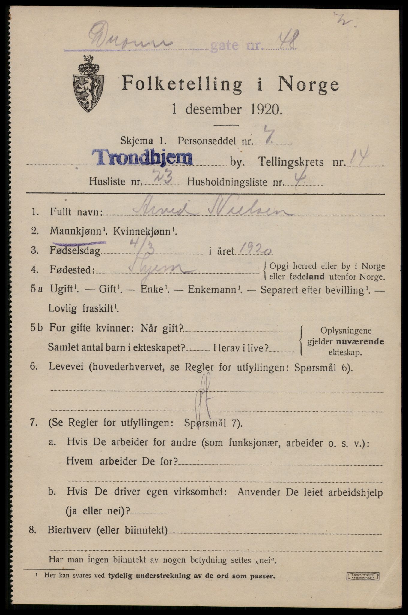 SAT, 1920 census for Trondheim, 1920, p. 51812