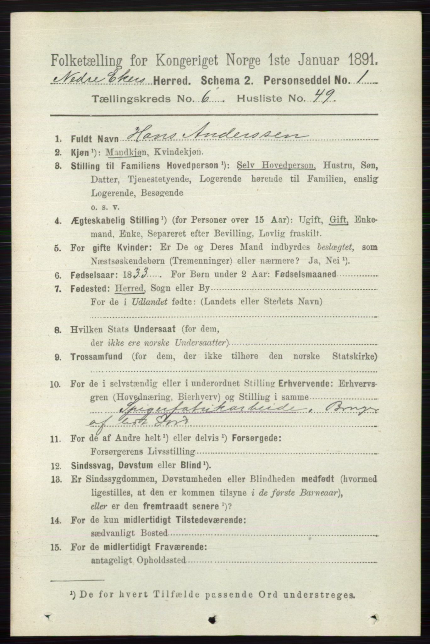 RA, 1891 census for 0625 Nedre Eiker, 1891, p. 3144