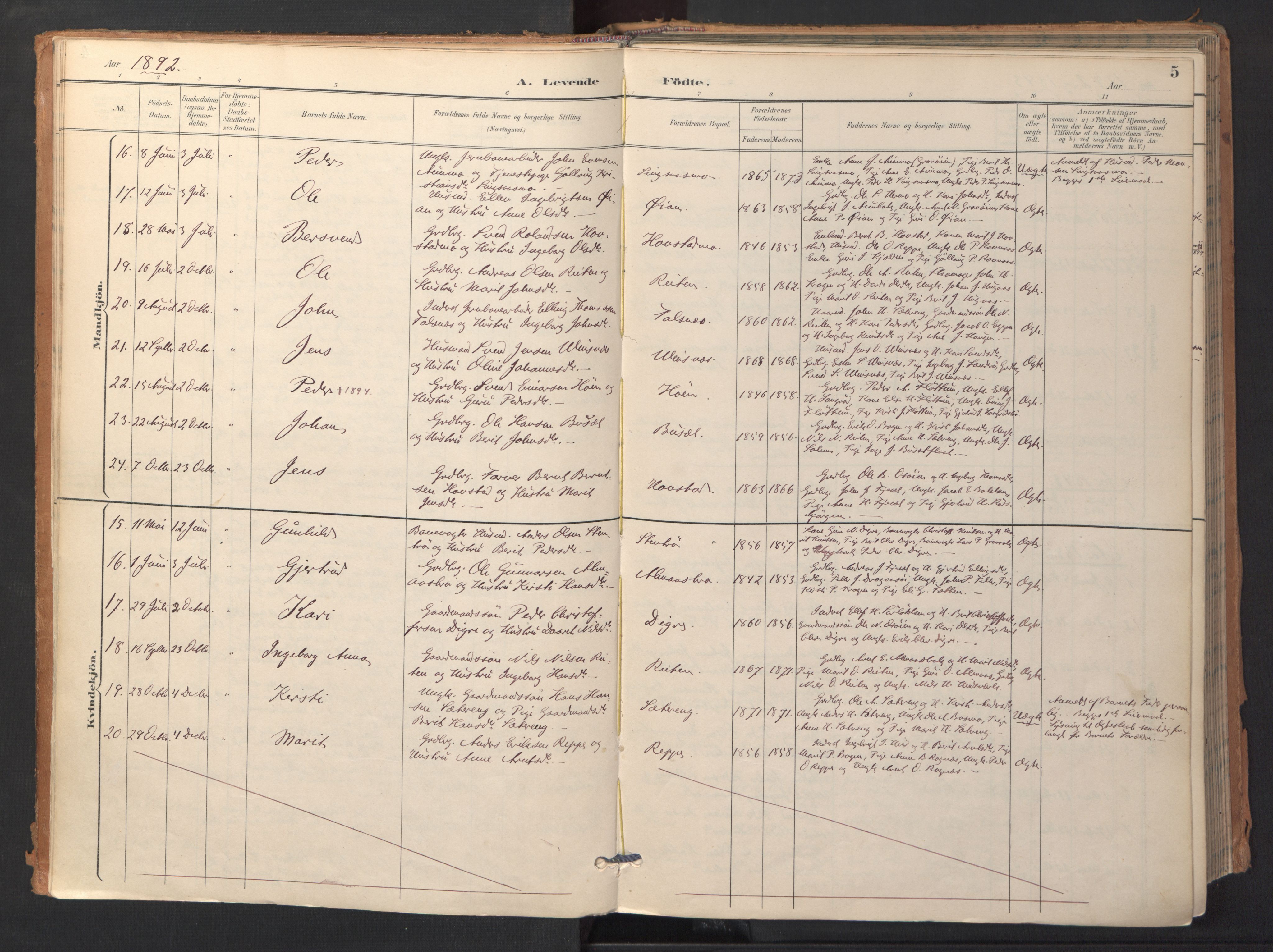 Ministerialprotokoller, klokkerbøker og fødselsregistre - Sør-Trøndelag, AV/SAT-A-1456/688/L1025: Parish register (official) no. 688A02, 1891-1909, p. 5