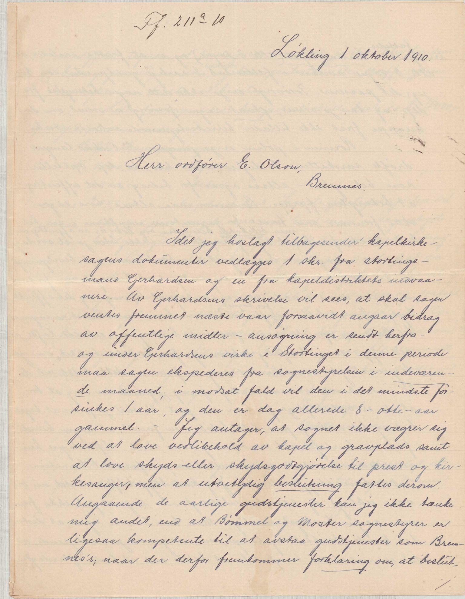 Finnaas kommune. Formannskapet, IKAH/1218a-021/D/Da/L0001/0006: Korrespondanse / saker / Kapellkyrkje på Løkling, 1906-1910, p. 34