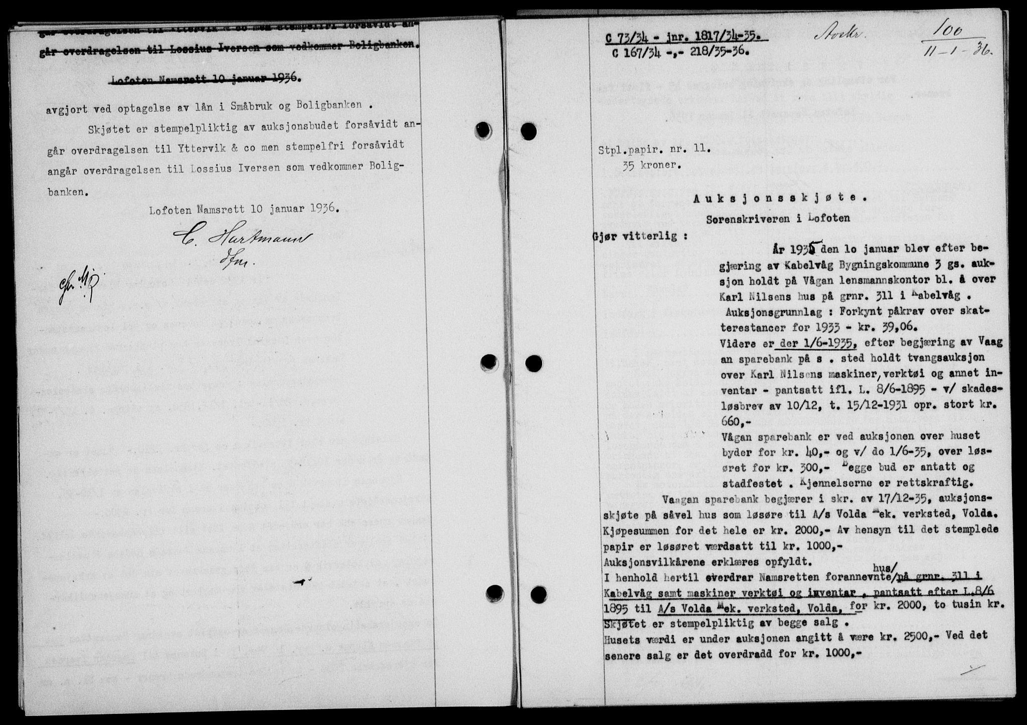 Lofoten sorenskriveri, AV/SAT-A-0017/1/2/2C/L0033b: Mortgage book no. 33b, 1936-1936, Diary no: : 100/1936