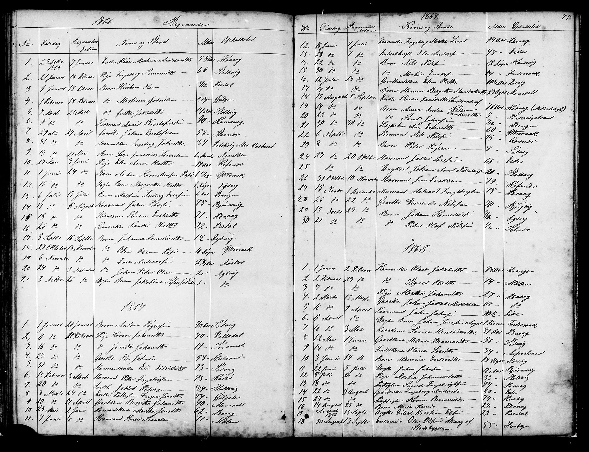 Ministerialprotokoller, klokkerbøker og fødselsregistre - Sør-Trøndelag, SAT/A-1456/653/L0657: Parish register (copy) no. 653C01, 1866-1893, p. 75