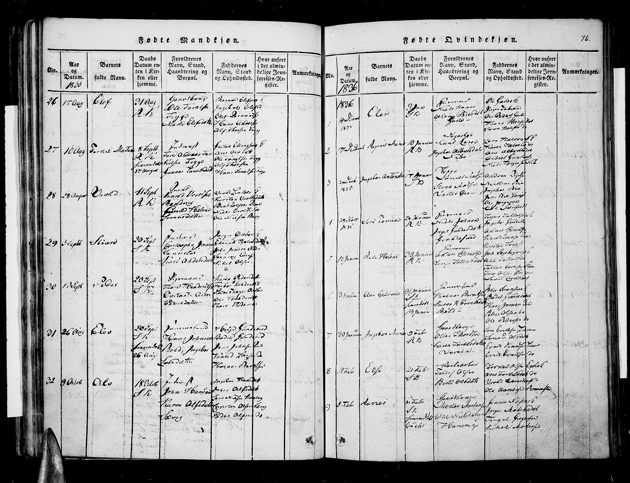 Søndeled sokneprestkontor, AV/SAK-1111-0038/F/Fa/L0001: Parish register (official) no. A 1, 1816-1838, p. 76