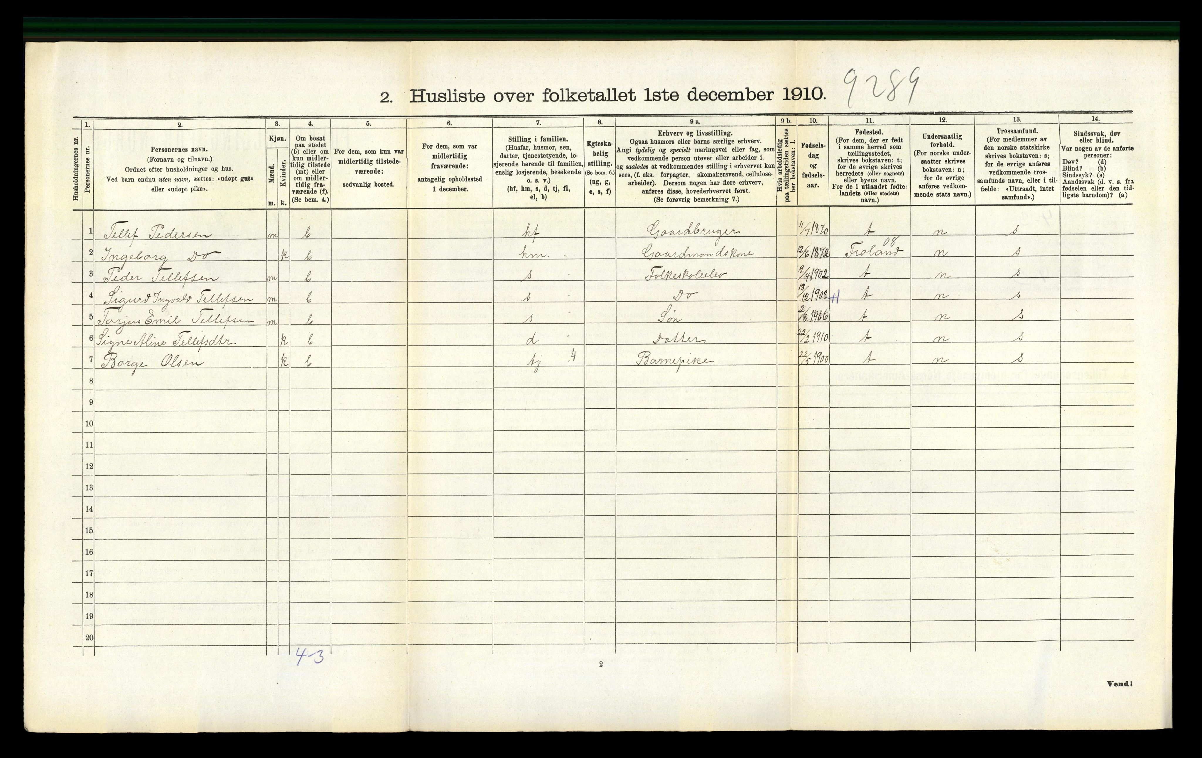 RA, 1910 census for Austre Moland, 1910, p. 297