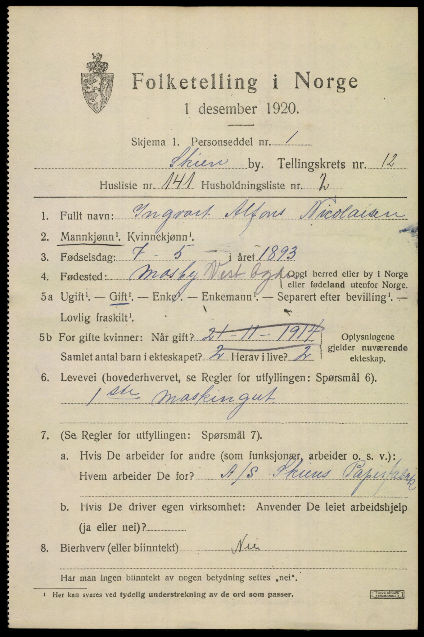 SAKO, 1920 census for Skien, 1920, p. 39454