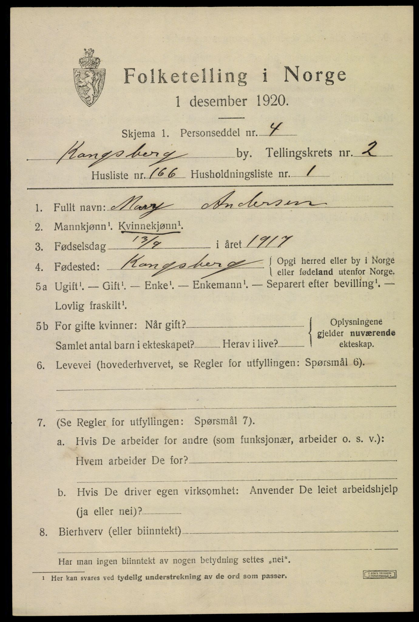 SAKO, 1920 census for Kongsberg, 1920, p. 9196