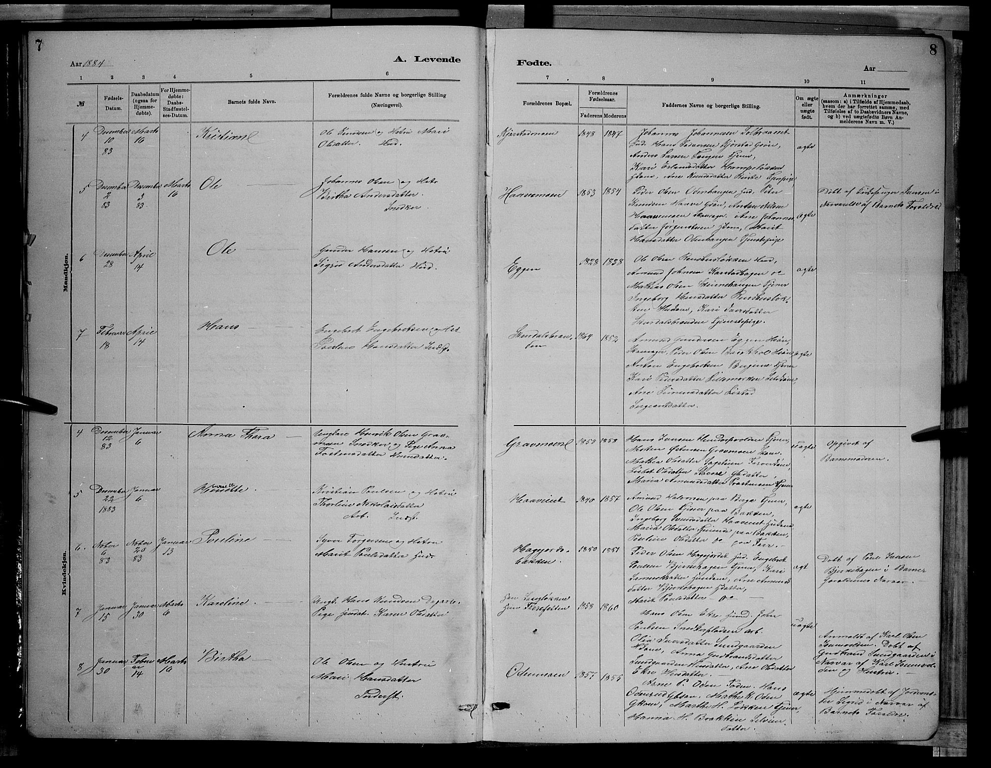 Sør-Fron prestekontor, SAH/PREST-010/H/Ha/Hab/L0003: Parish register (copy) no. 3, 1884-1896, p. 7-8