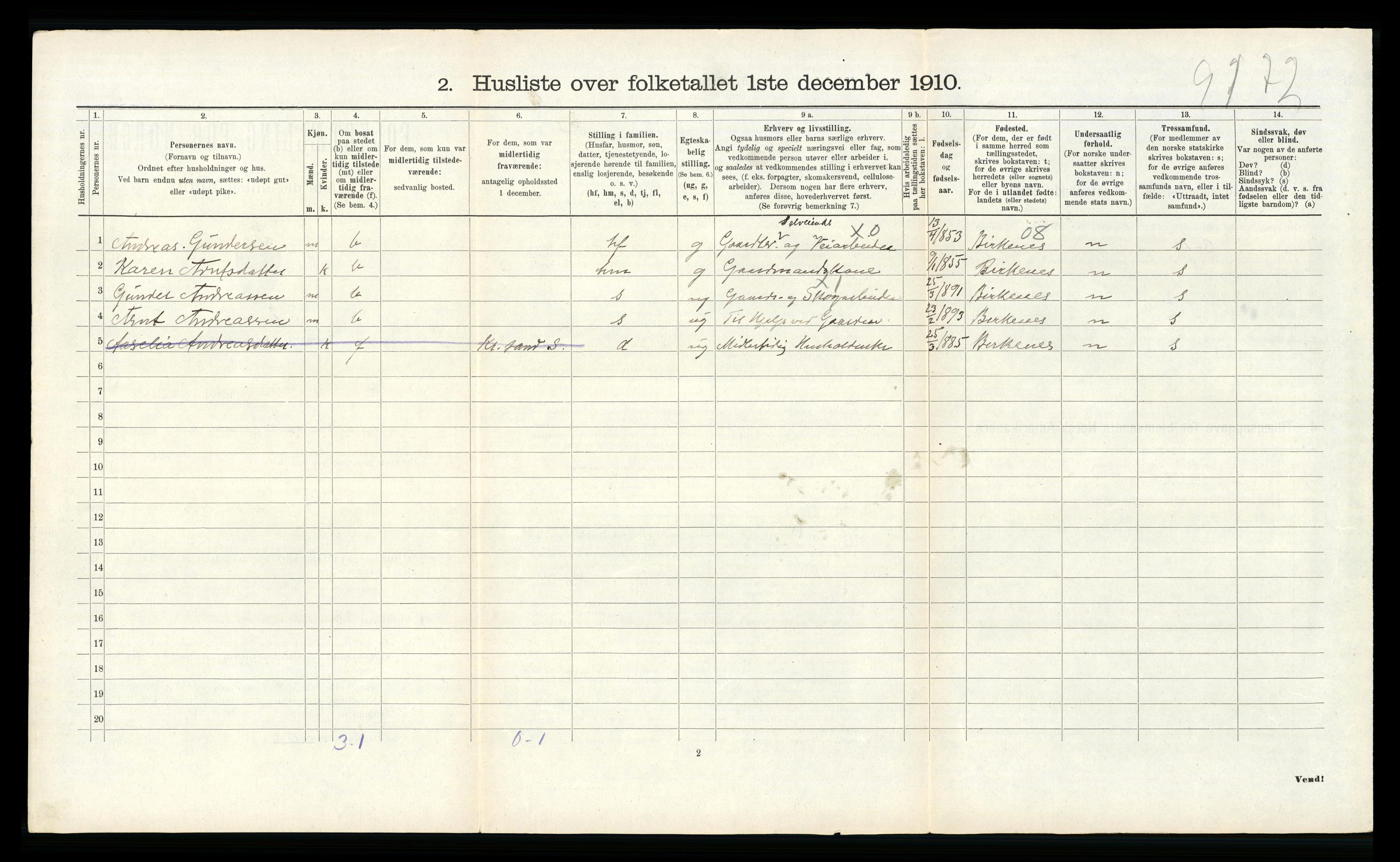 RA, 1910 census for Vennesla, 1910, p. 653