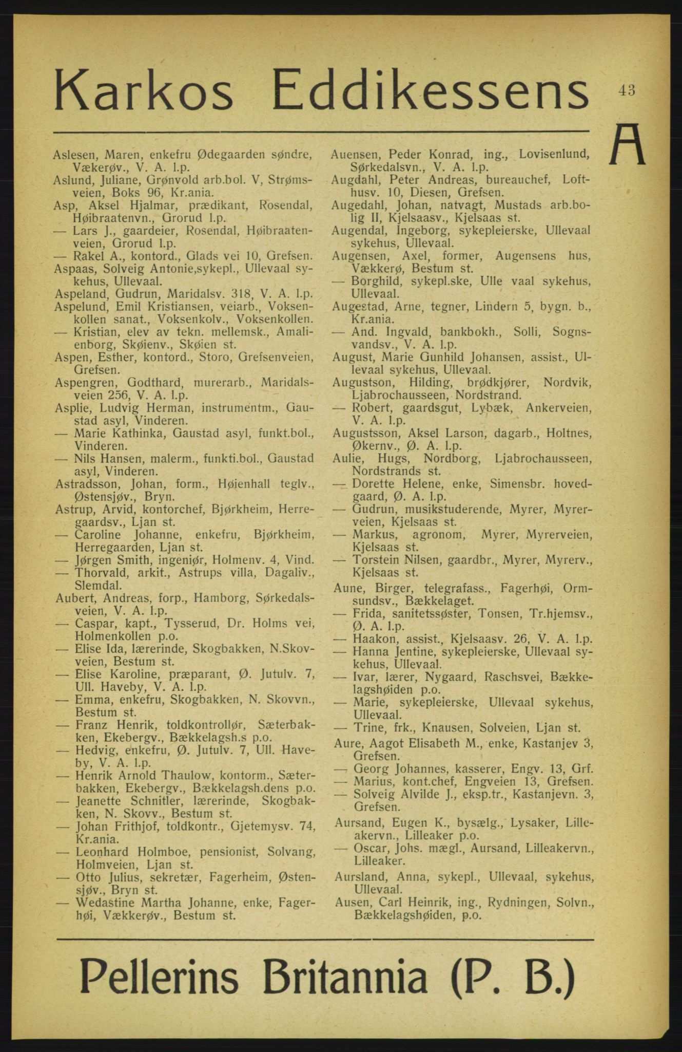 Aker adressebok/adressekalender, PUBL/001/A/002: Akers adressekalender, 1922, p. 43
