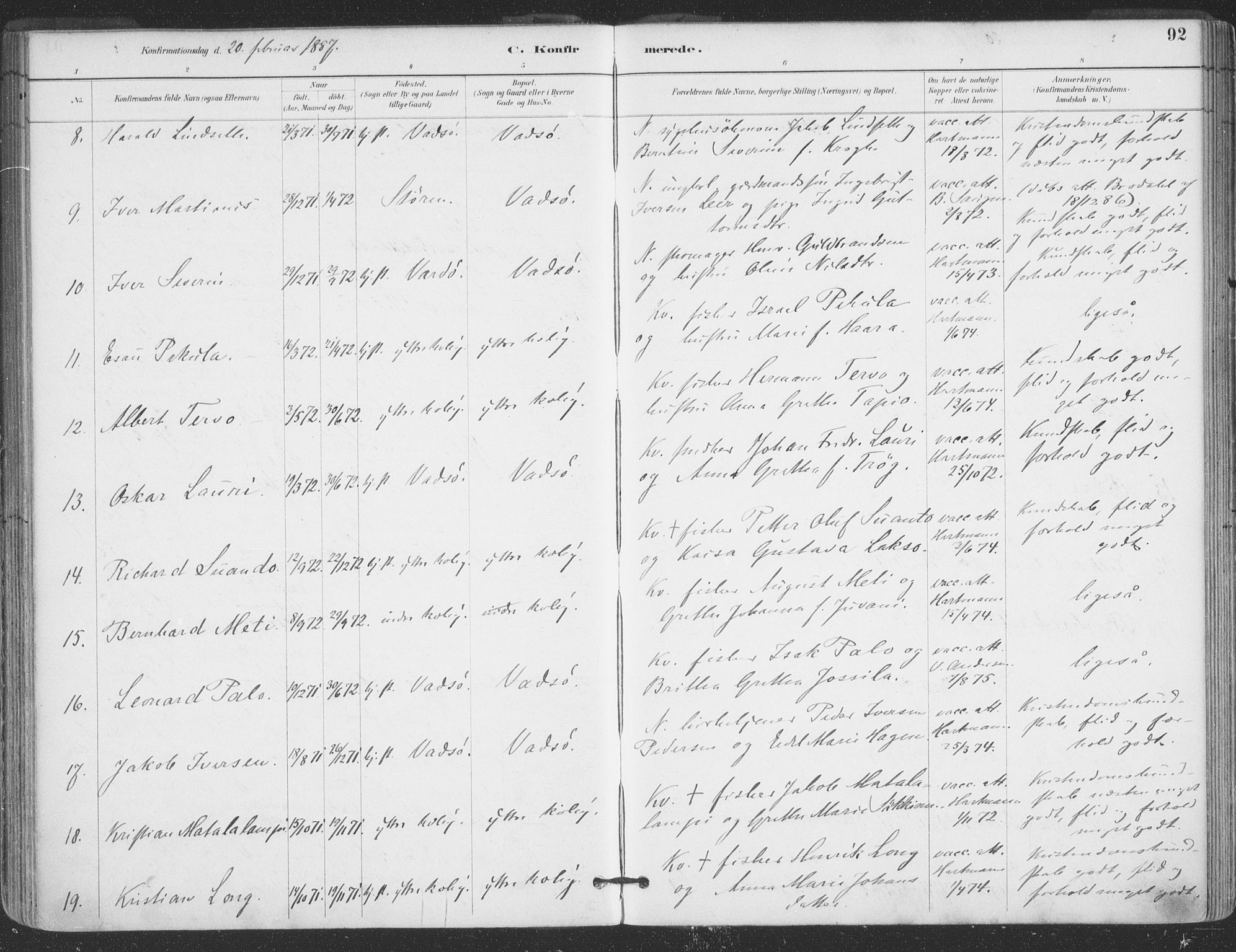 Vadsø sokneprestkontor, AV/SATØ-S-1325/H/Ha/L0006kirke: Parish register (official) no. 6, 1885-1895, p. 92