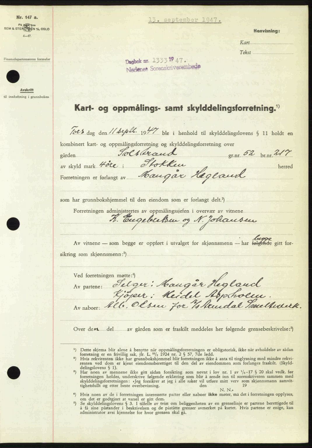 Nedenes sorenskriveri, AV/SAK-1221-0006/G/Gb/Gba/L0058: Mortgage book no. A10, 1947-1948, Diary no: : 1333/1947