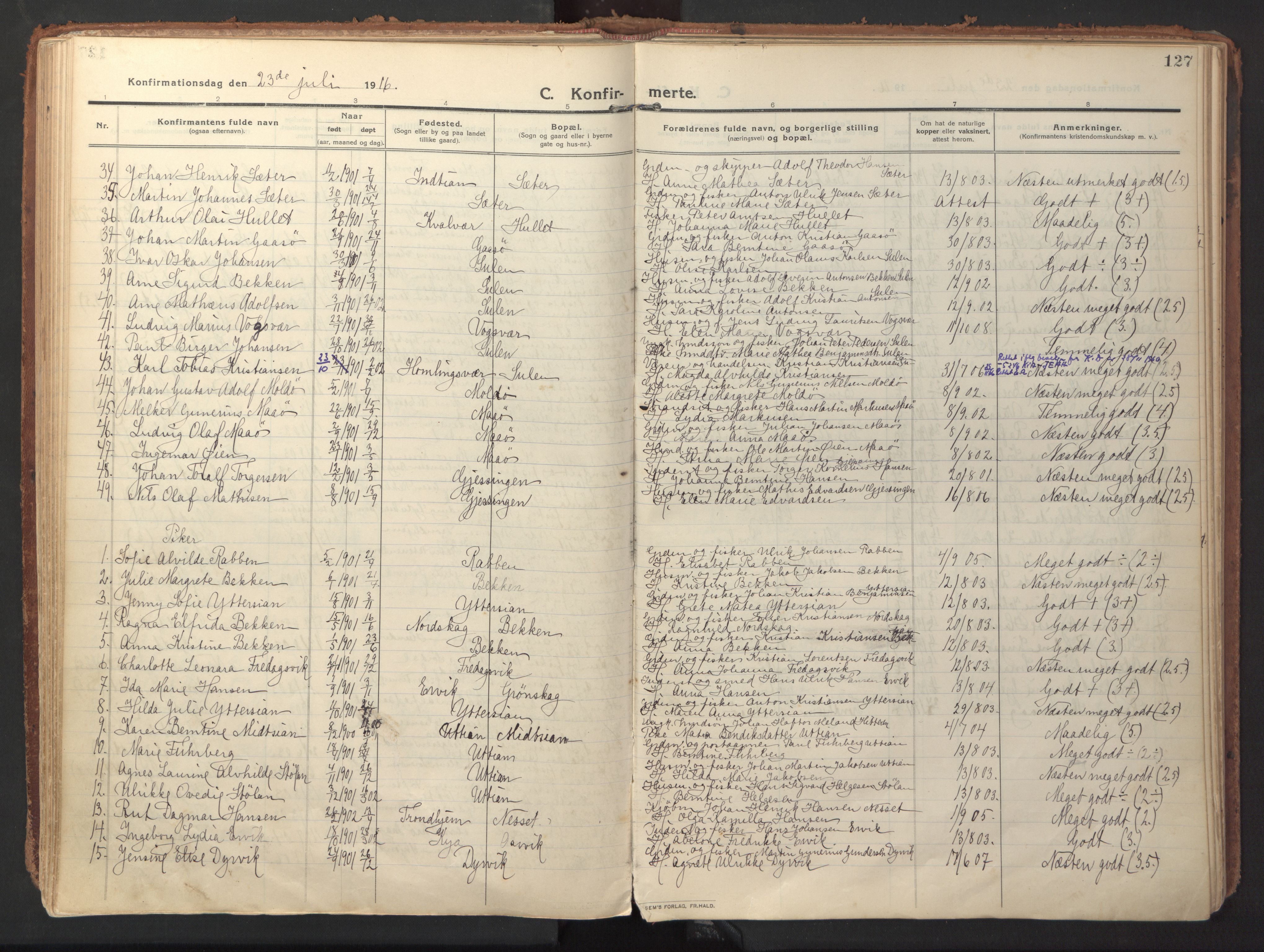 Ministerialprotokoller, klokkerbøker og fødselsregistre - Sør-Trøndelag, SAT/A-1456/640/L0581: Parish register (official) no. 640A06, 1910-1924, p. 127