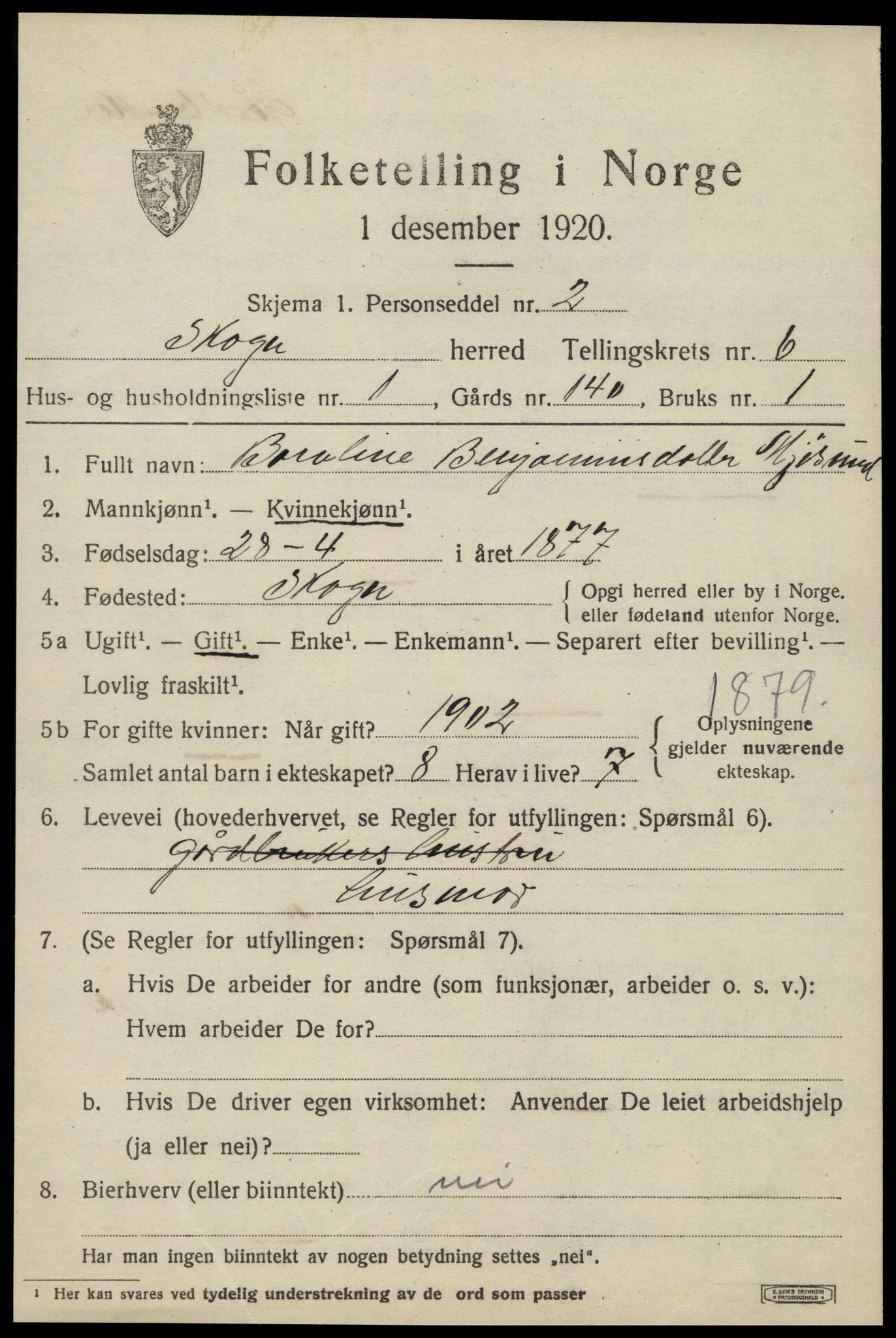 SAT, 1920 census for Skogn, 1920, p. 7407