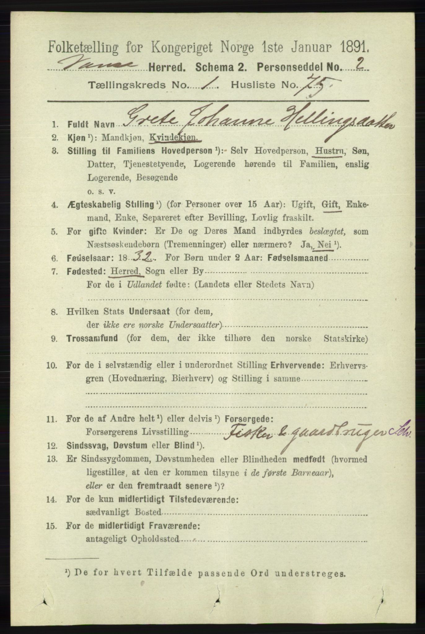 RA, 1891 census for 1041 Vanse, 1891, p. 459