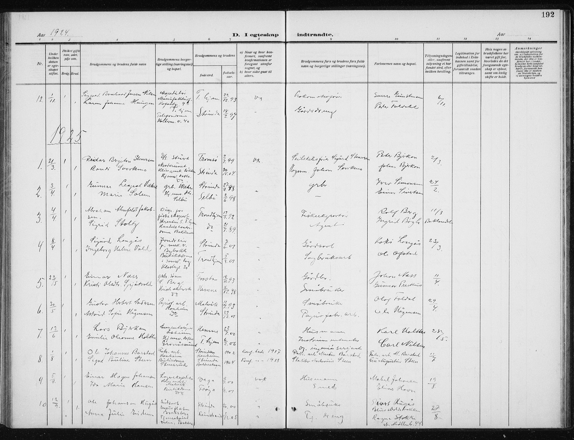 Ministerialprotokoller, klokkerbøker og fødselsregistre - Sør-Trøndelag, SAT/A-1456/606/L0314: Parish register (copy) no. 606C10, 1911-1937, p. 192