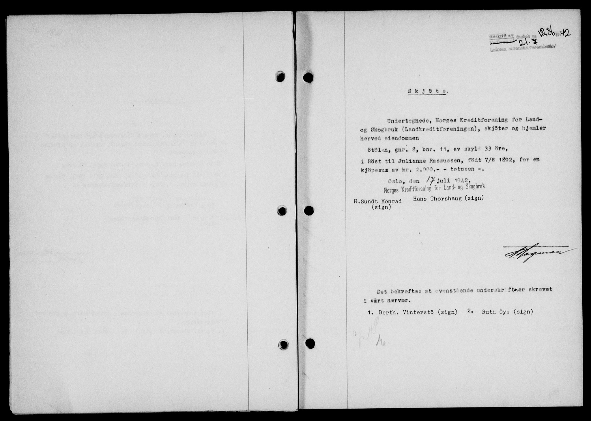 Lofoten sorenskriveri, SAT/A-0017/1/2/2C/L0010a: Mortgage book no. 10a, 1942-1943, Diary no: : 1286/1942